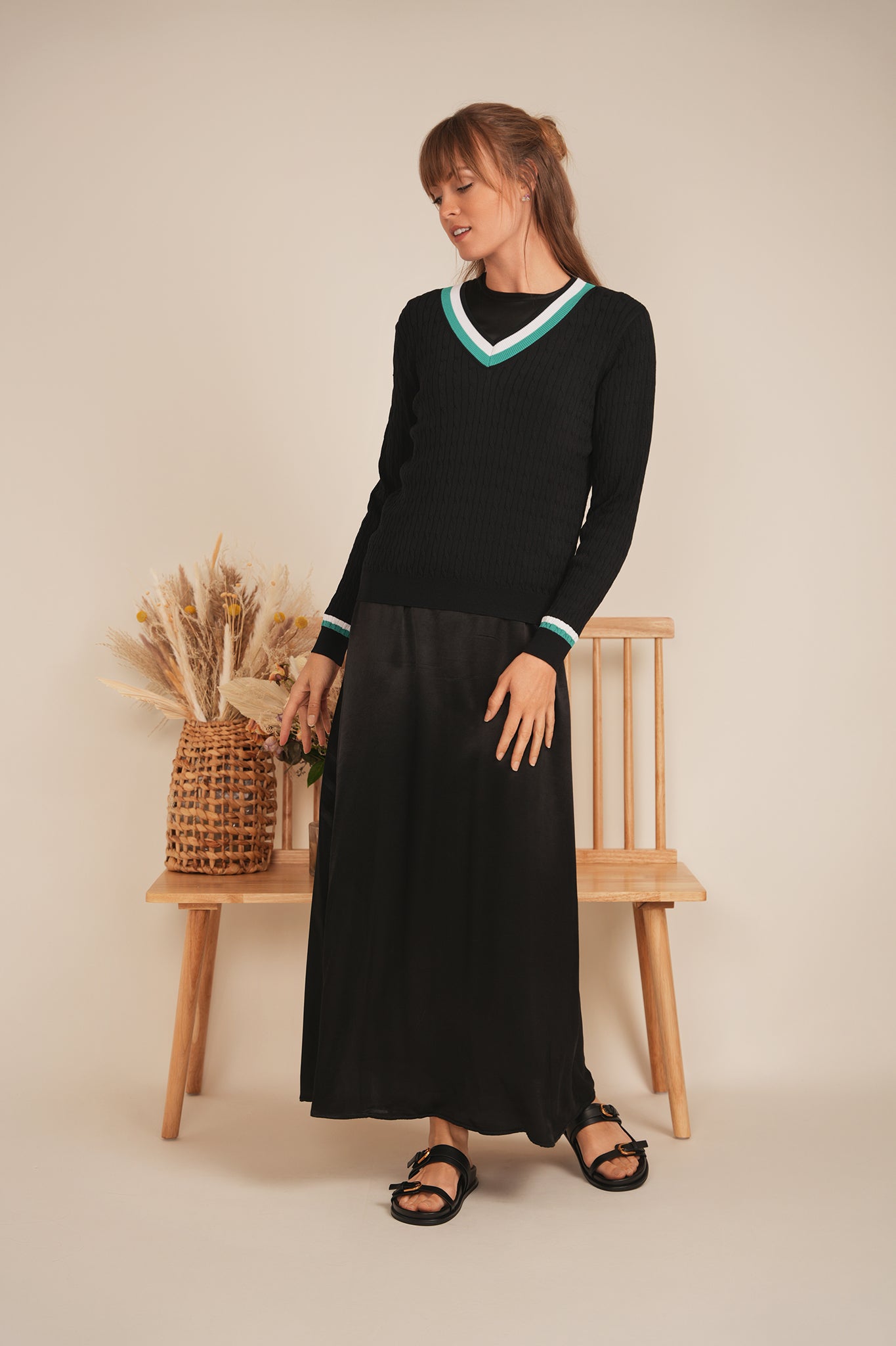 V Neck Cable Sweater in by Hashtag