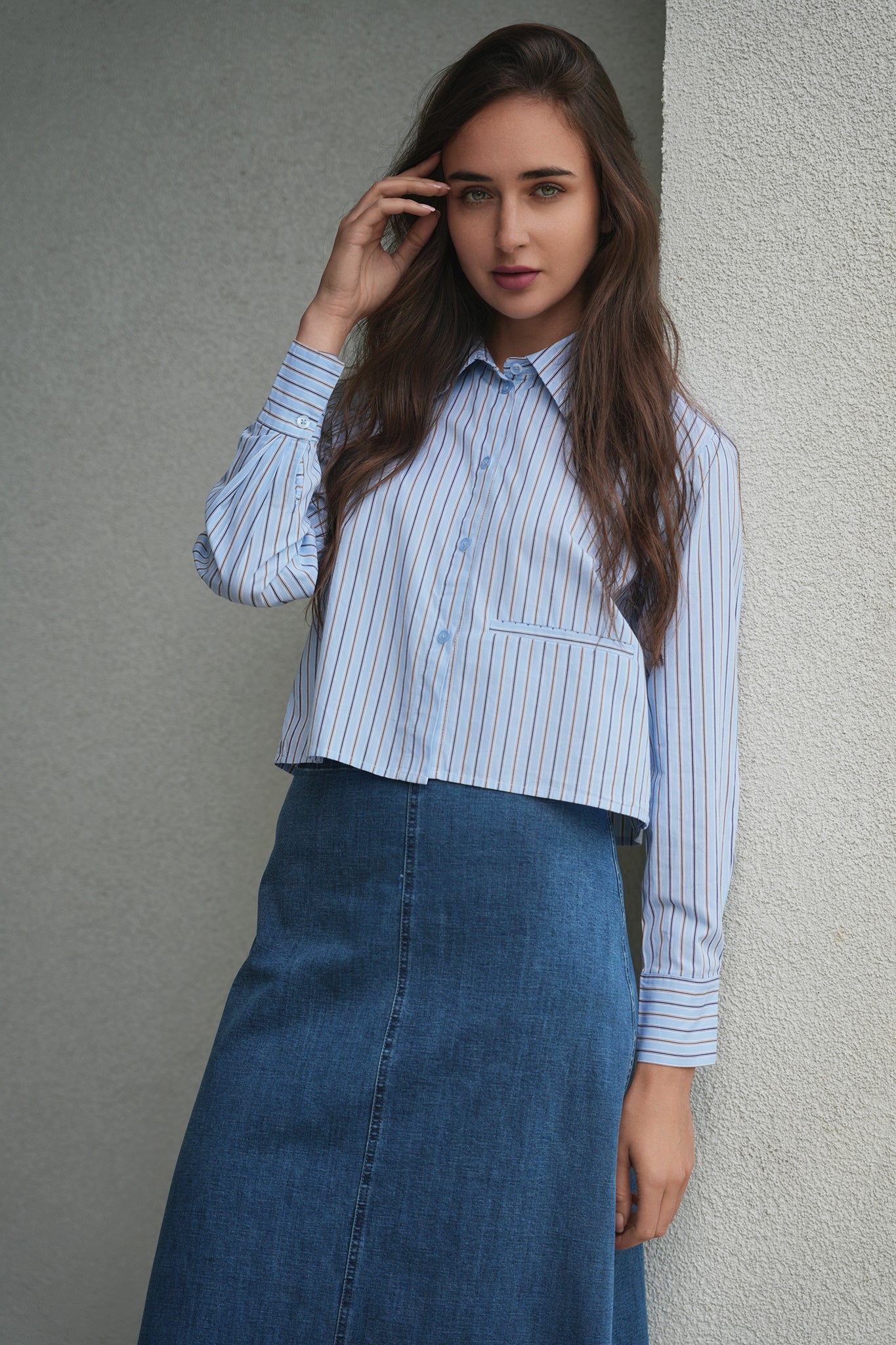 Cropped Stripped Blouse in Blue Black by Midi