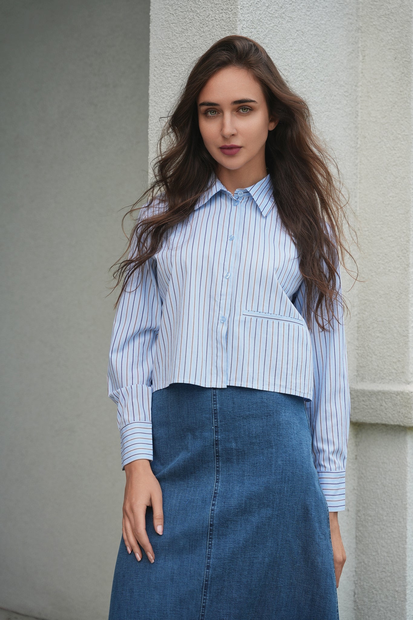 Cropped Stripped Blouse in Blue Black by Midi