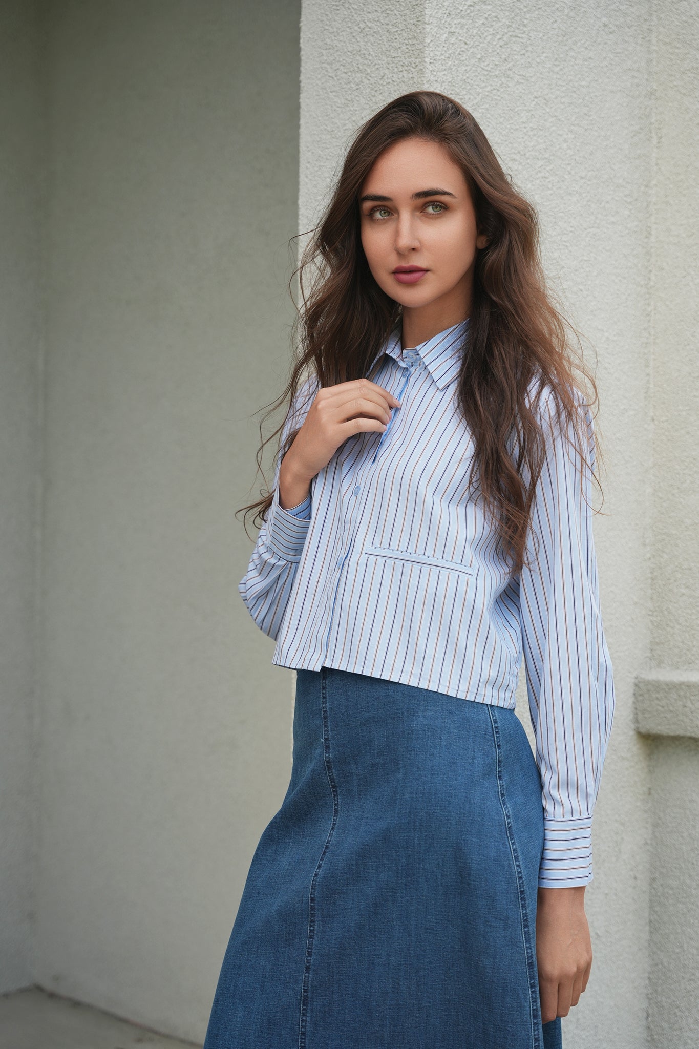 Cropped Stripped Blouse in Blue Black by Midi