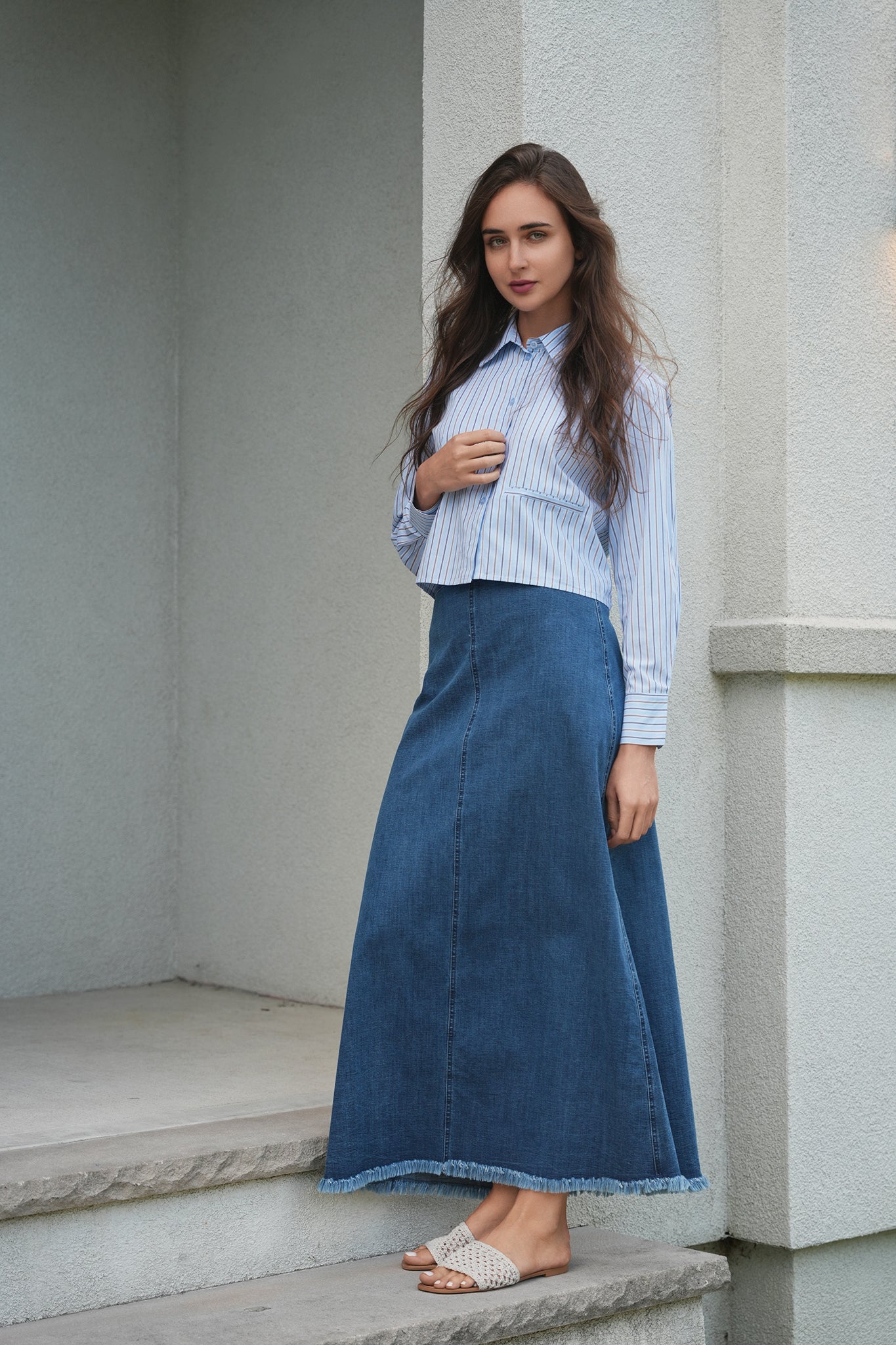 Cropped Stripped Blouse in Blue Black by Midi