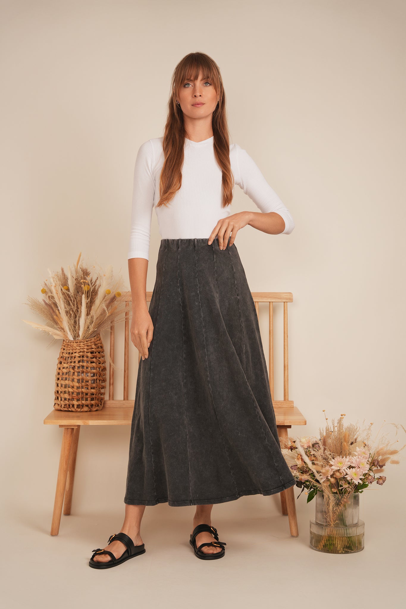 Mineral Wash Panel Midi Skirt in by Spades