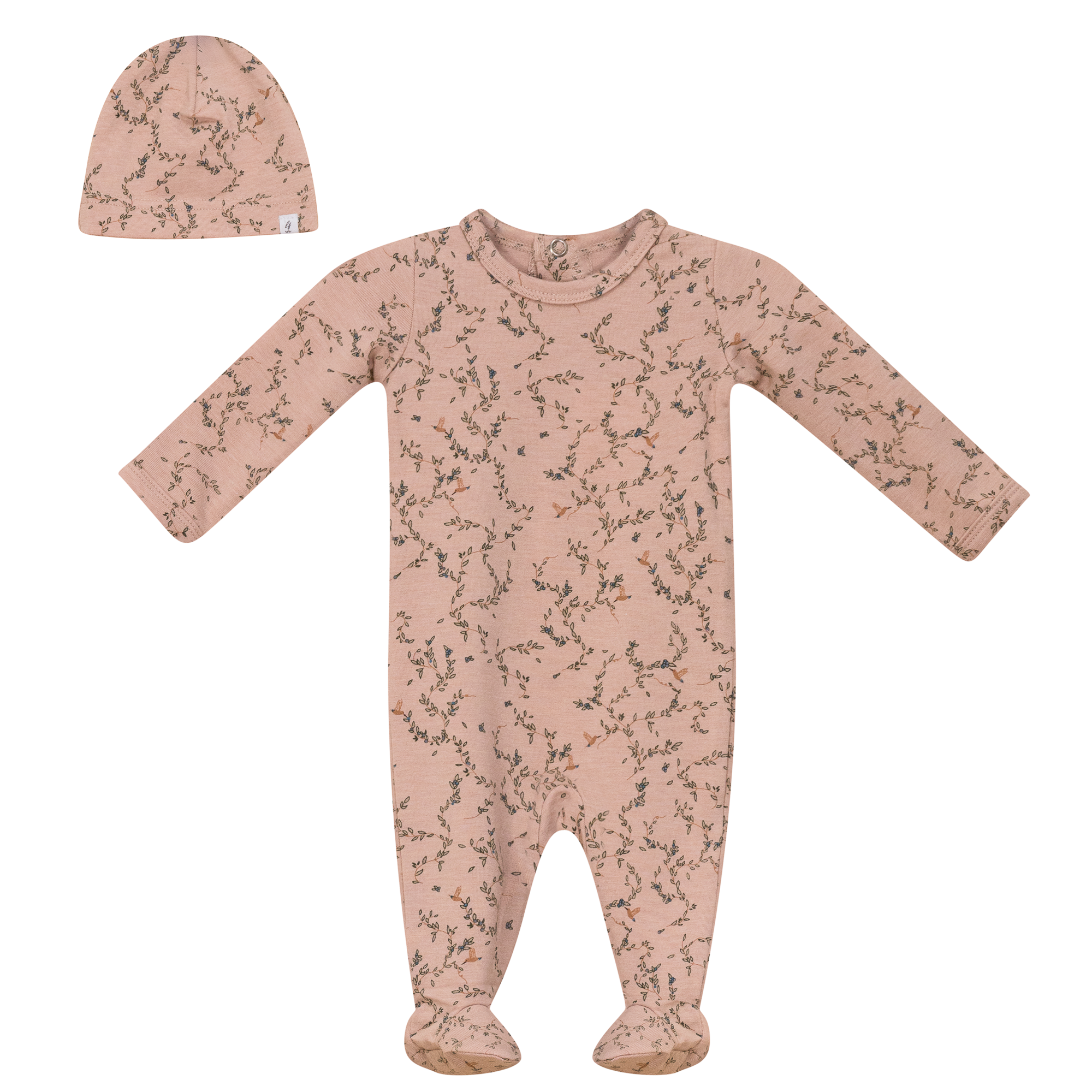 Leaves and Bird Print Onesie Set in Light Maple by Little Fragile