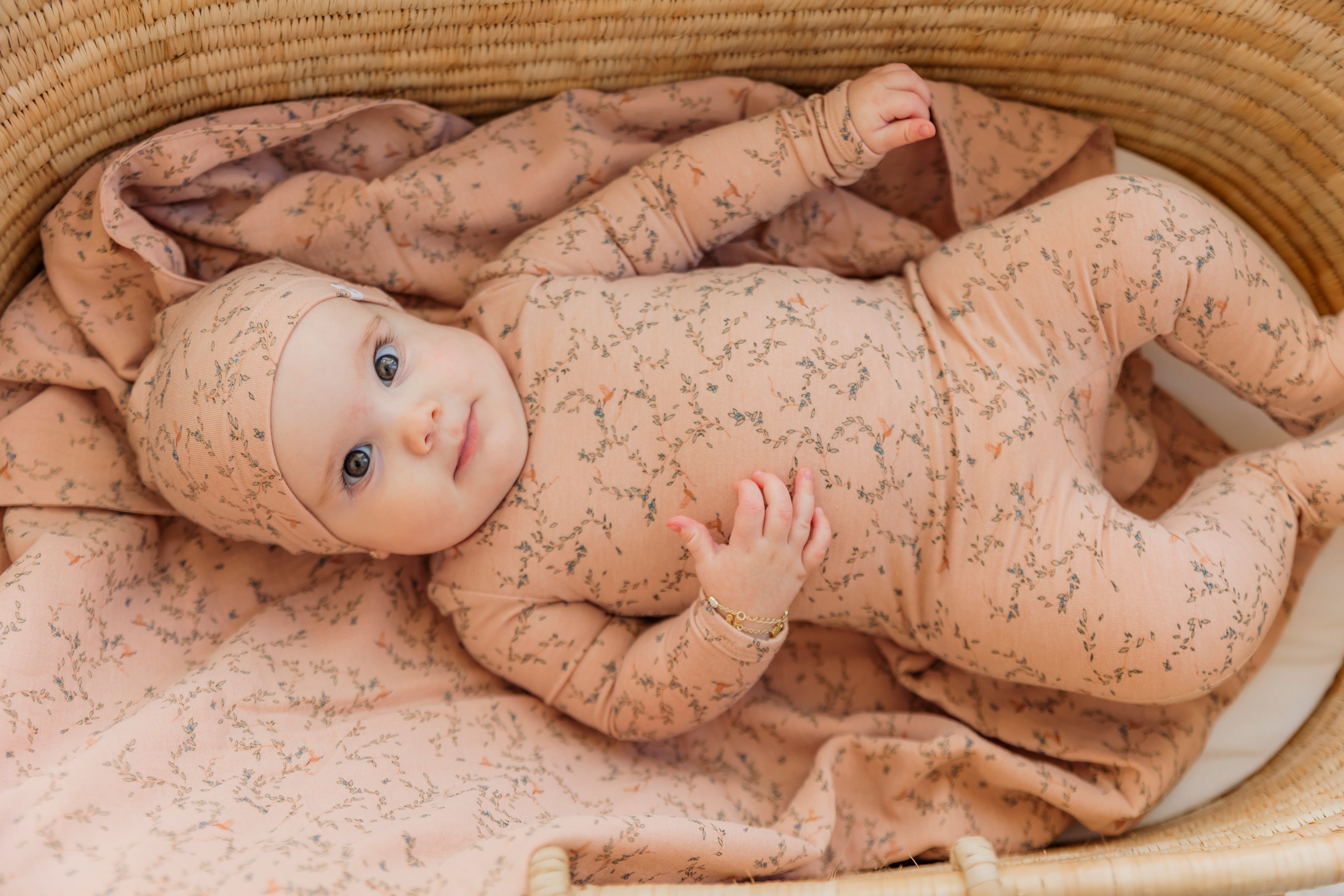 Leaves and Bird Print Onesie Set in Powder by Little Fragile