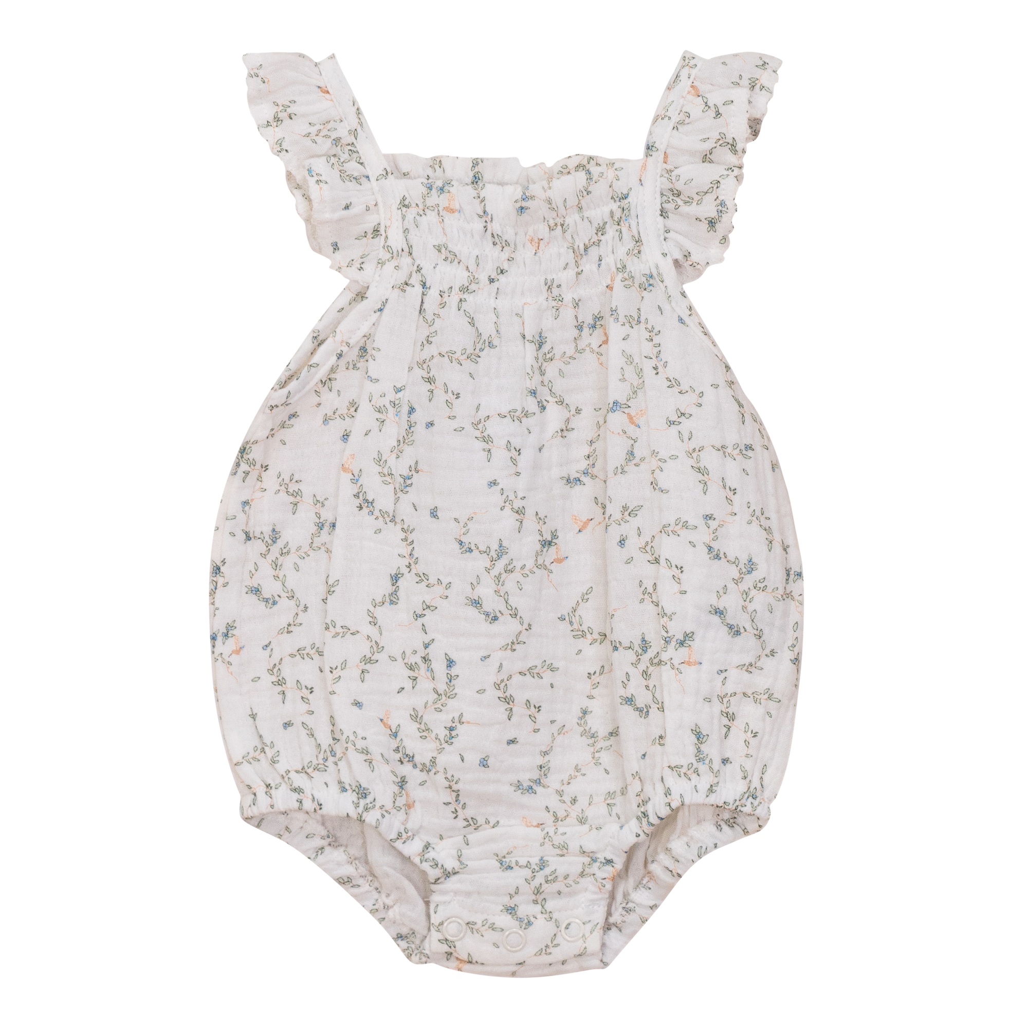 Crinkle Leaves and Bird Print Romper in Light Maple by Little Fragile