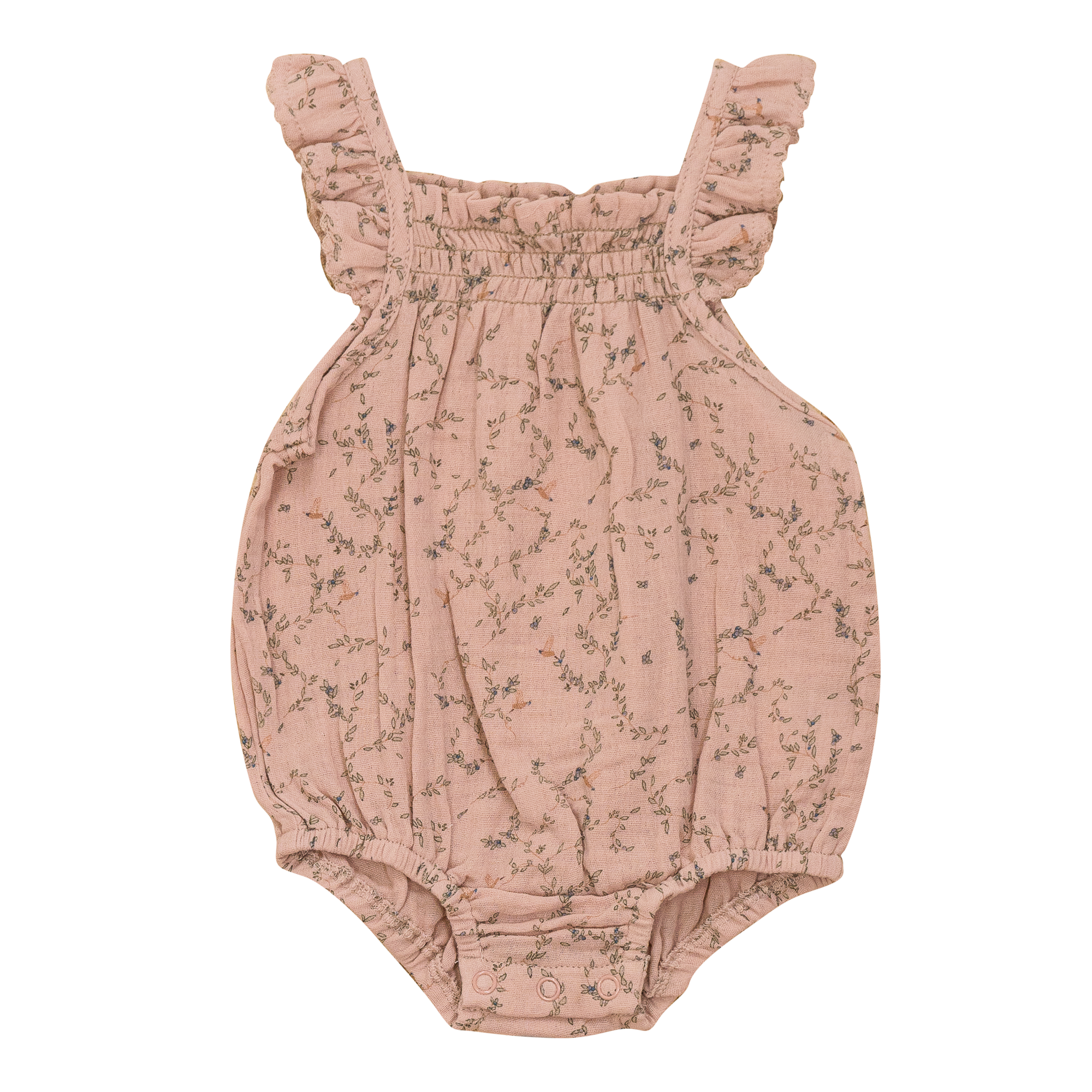 Crinkle Leaves and Bird Print Romper in Light Maple by Little Fragile