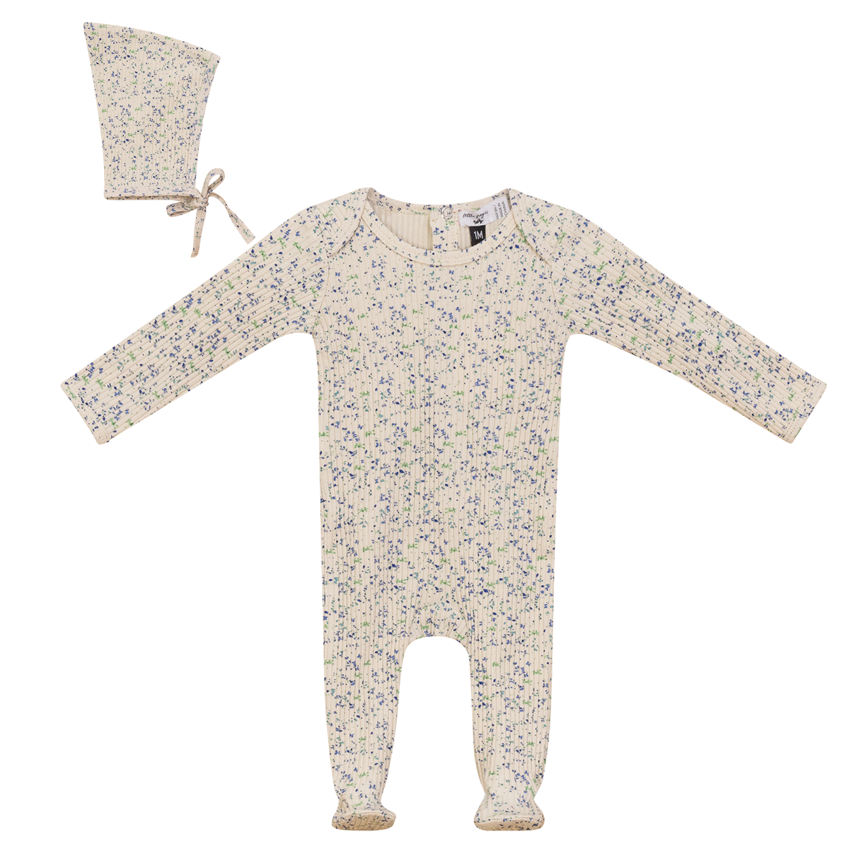 Flower Leaves Print Onesie and Bonnet in Blue Taupe by Little Fragile