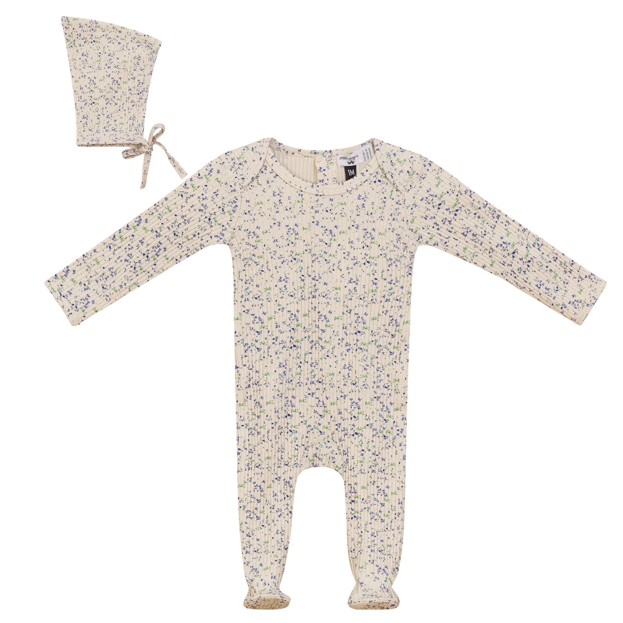 Flower Leaves Print Onesie and Bonnet in Blue Taupe by Little Fragile