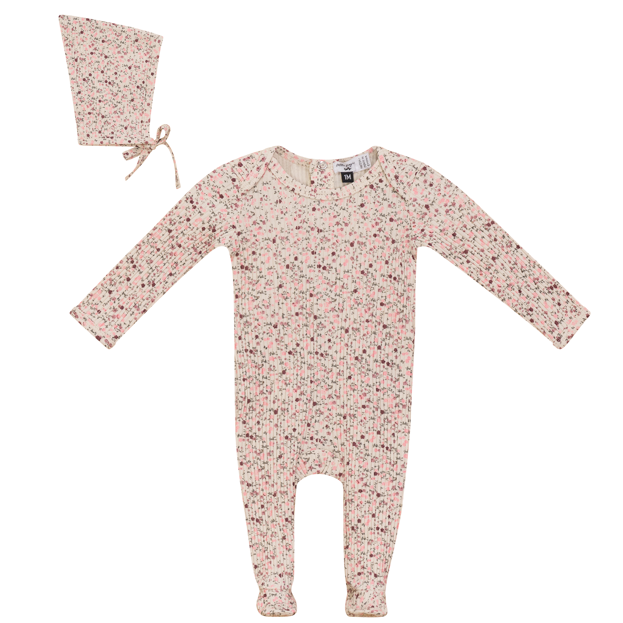 Flower Leaves Print Onesie and Bonnet in Pink Taupe by Little Fragile