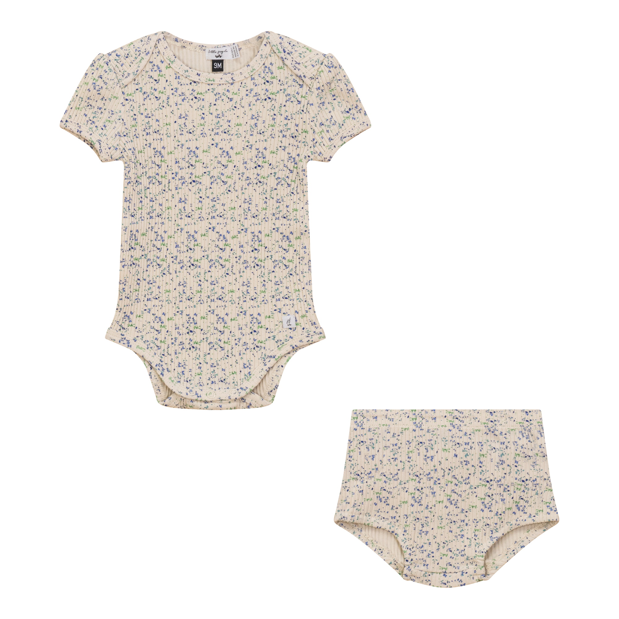 Flower Print Romper Set in Blue Taupe by Little Fragile