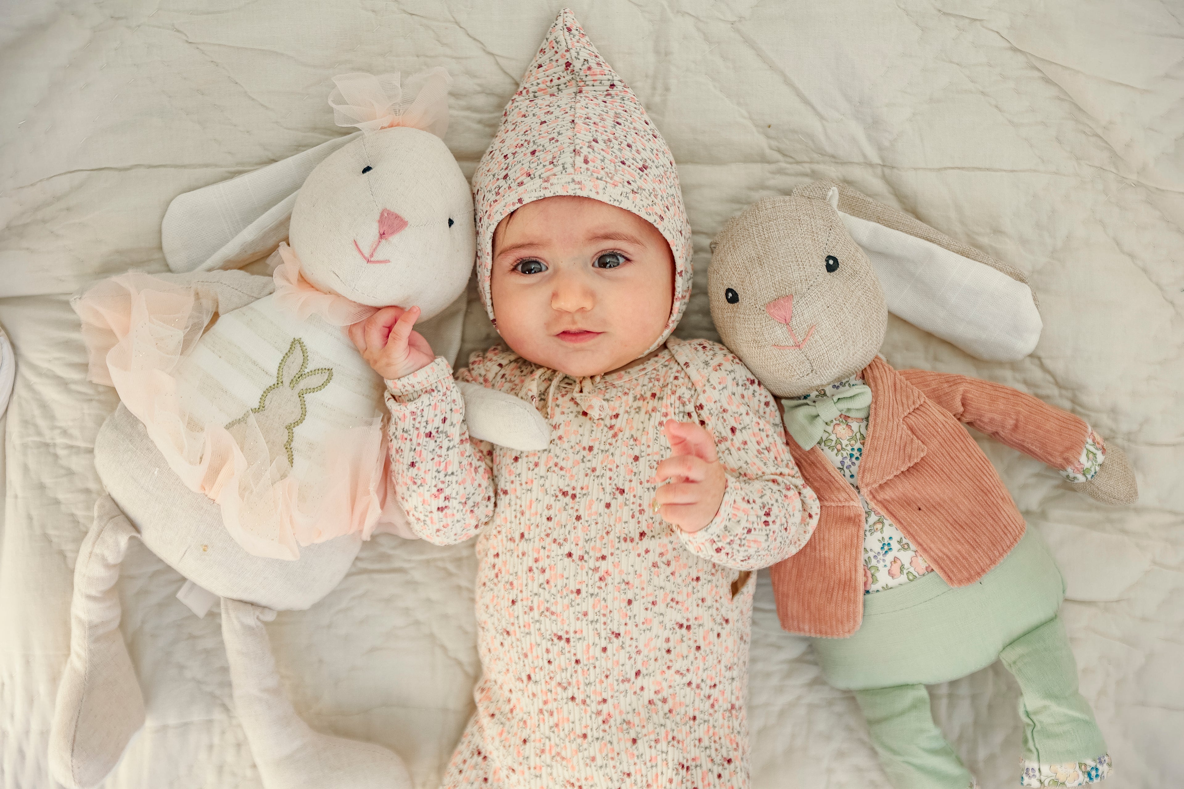 Flower Leaves Print Onesie and Bonnet in Pink Taupe by Little Fragile