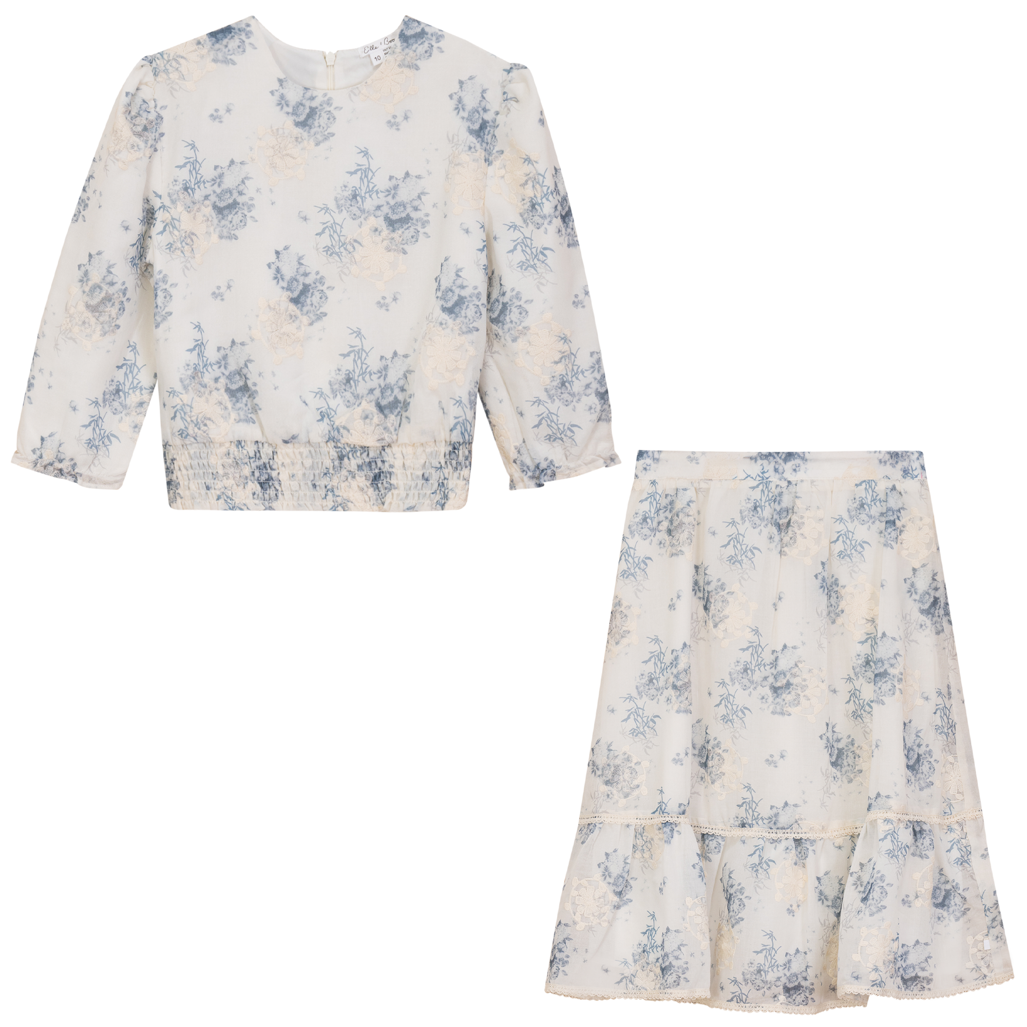 Flower Print Embroidered 2Pc Set in Blue by Elle & Boo
