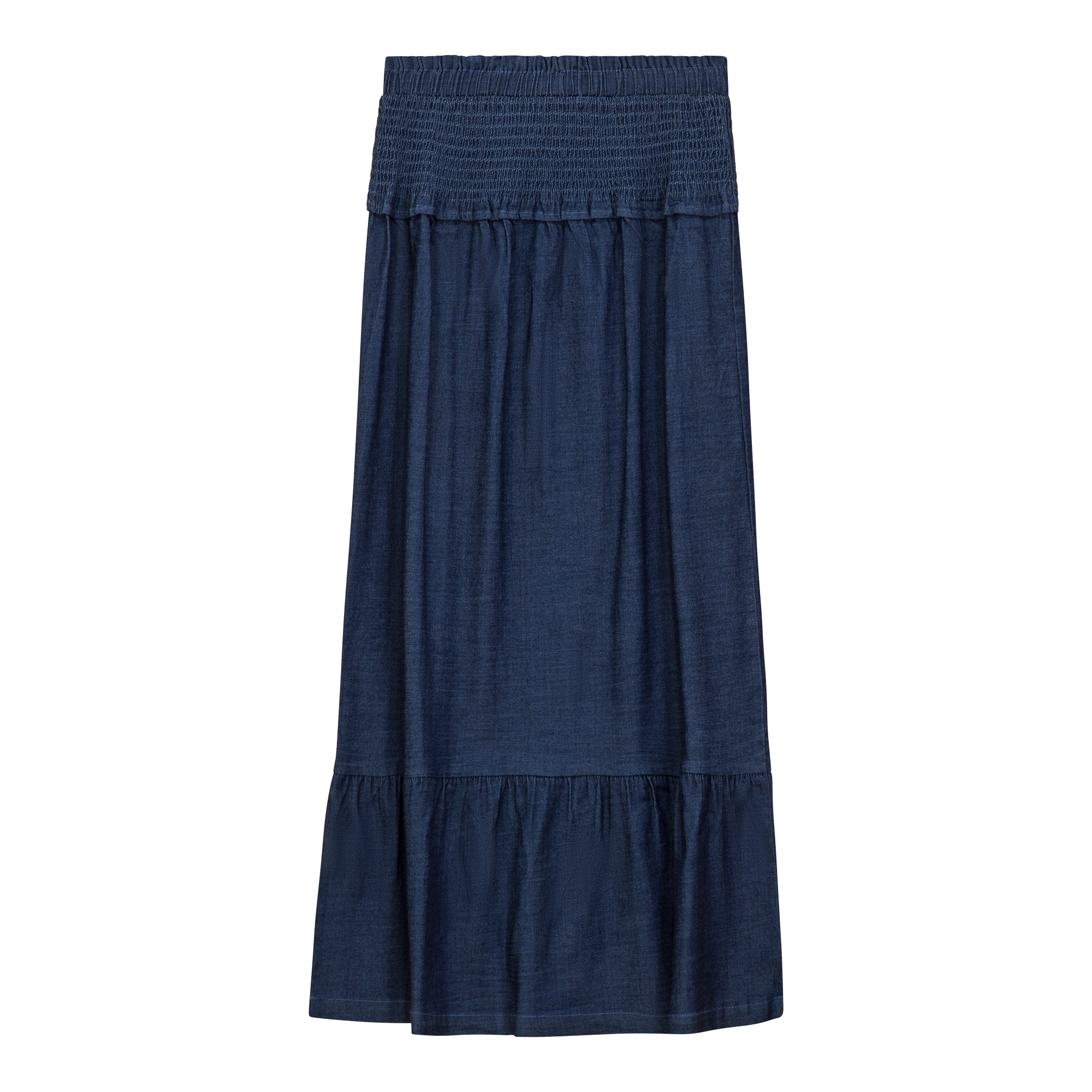Denim Smoked Yoke Skirt in Dark Denim Wash by FYI