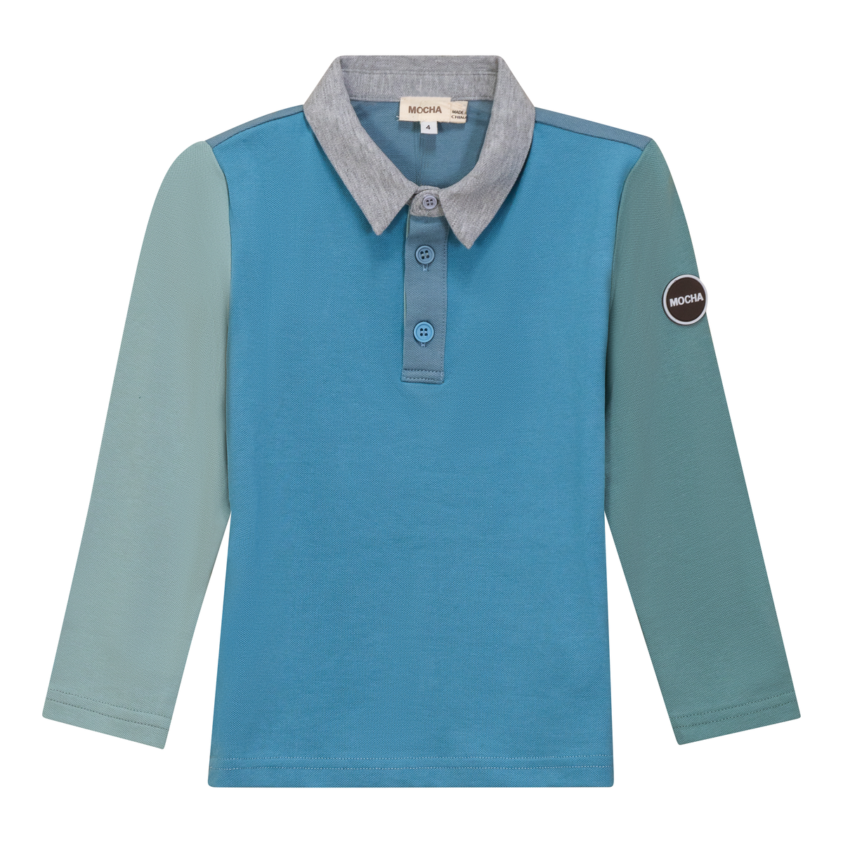 Woven Long Sleeve Contrast Polo in Dark Dusty Blue Dusty Blue by Mocha