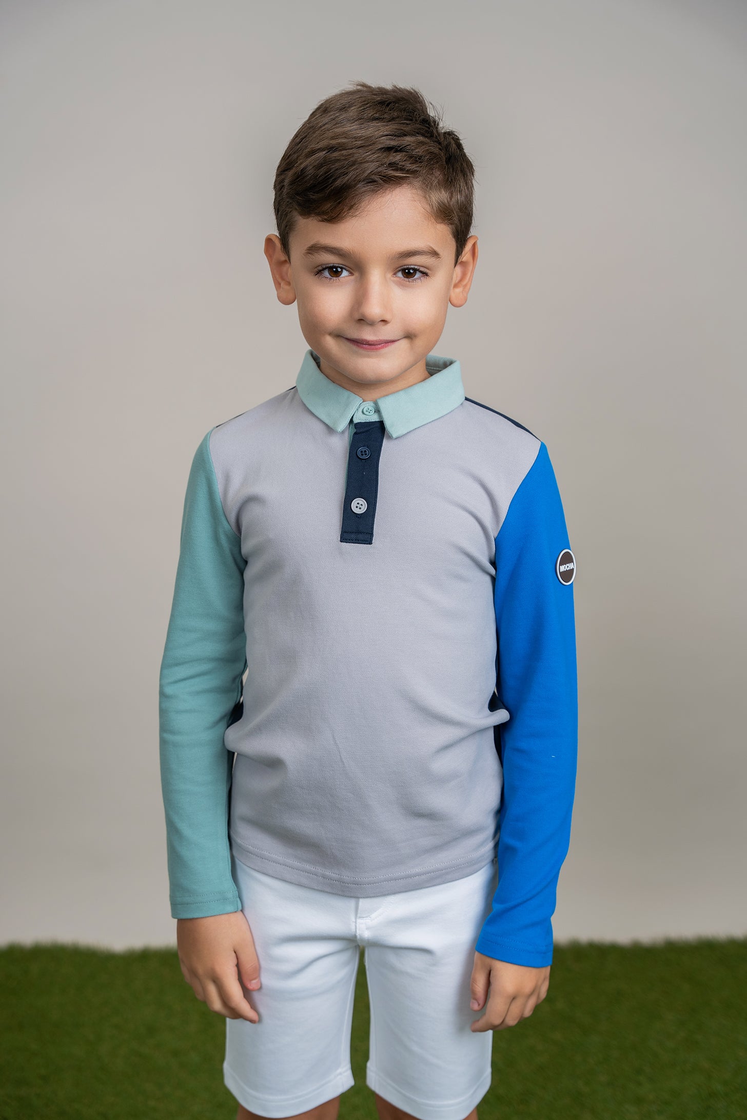 Woven Long Sleeve Contrast Polo in by Mocha