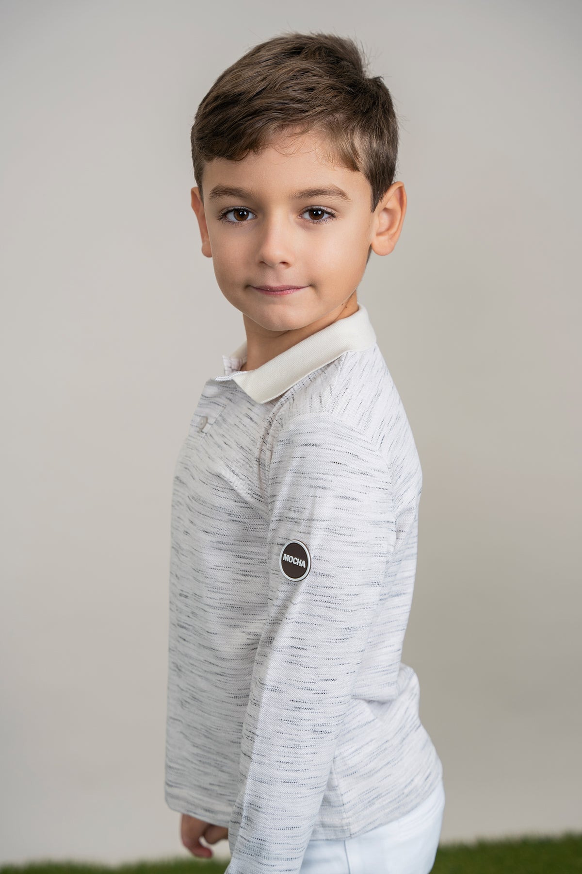 Woven long sleeve Polo in by Mocha
