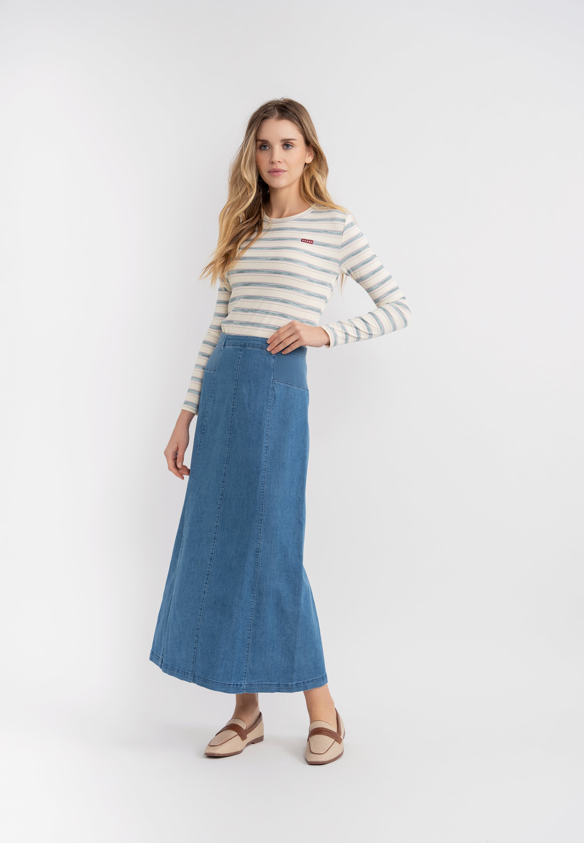 Stretch Denim Paneled Skirt in by Ginger