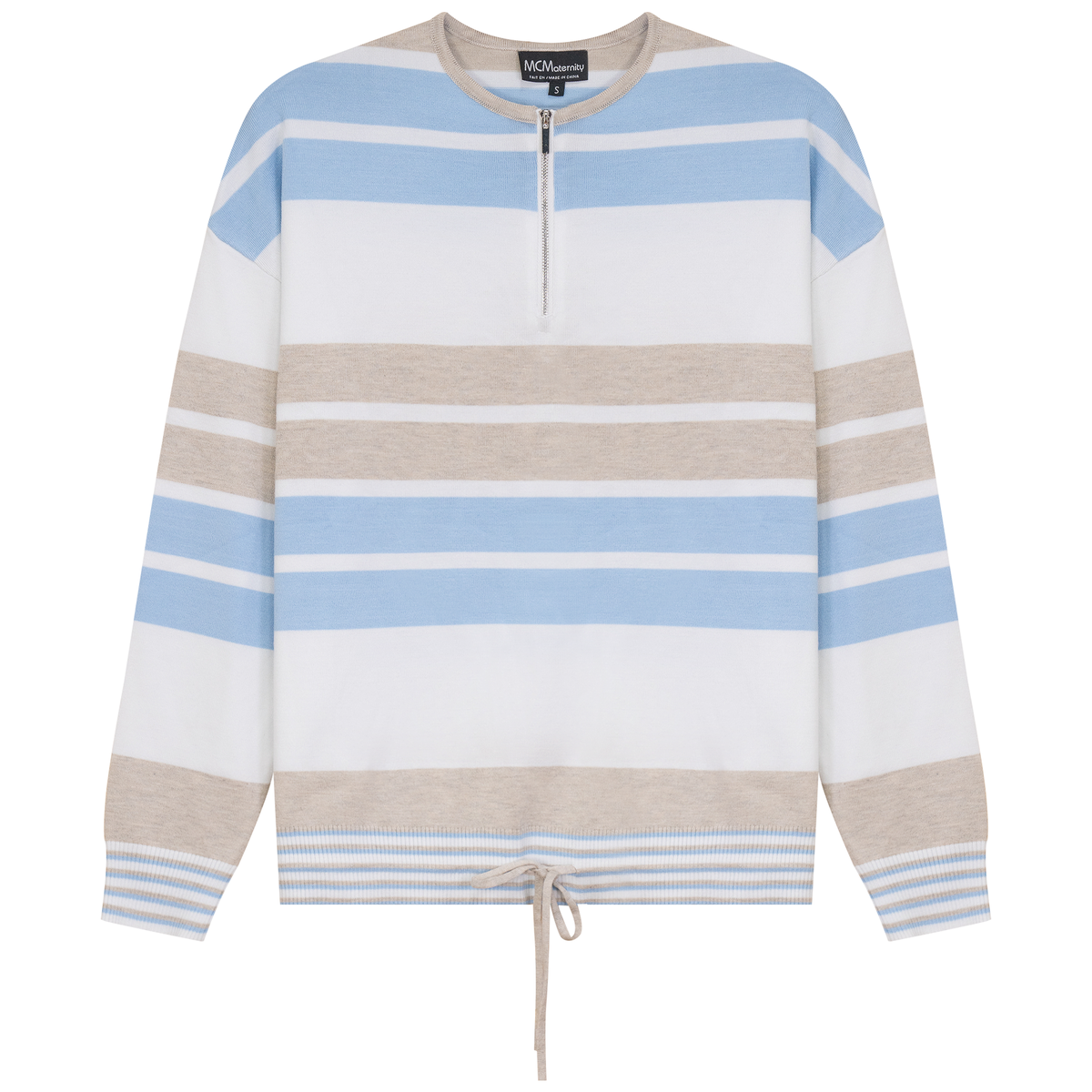 Maternity Henley Stripped Knit Bungee Sweater in White Light Stone Light Dusty Blue by MCM