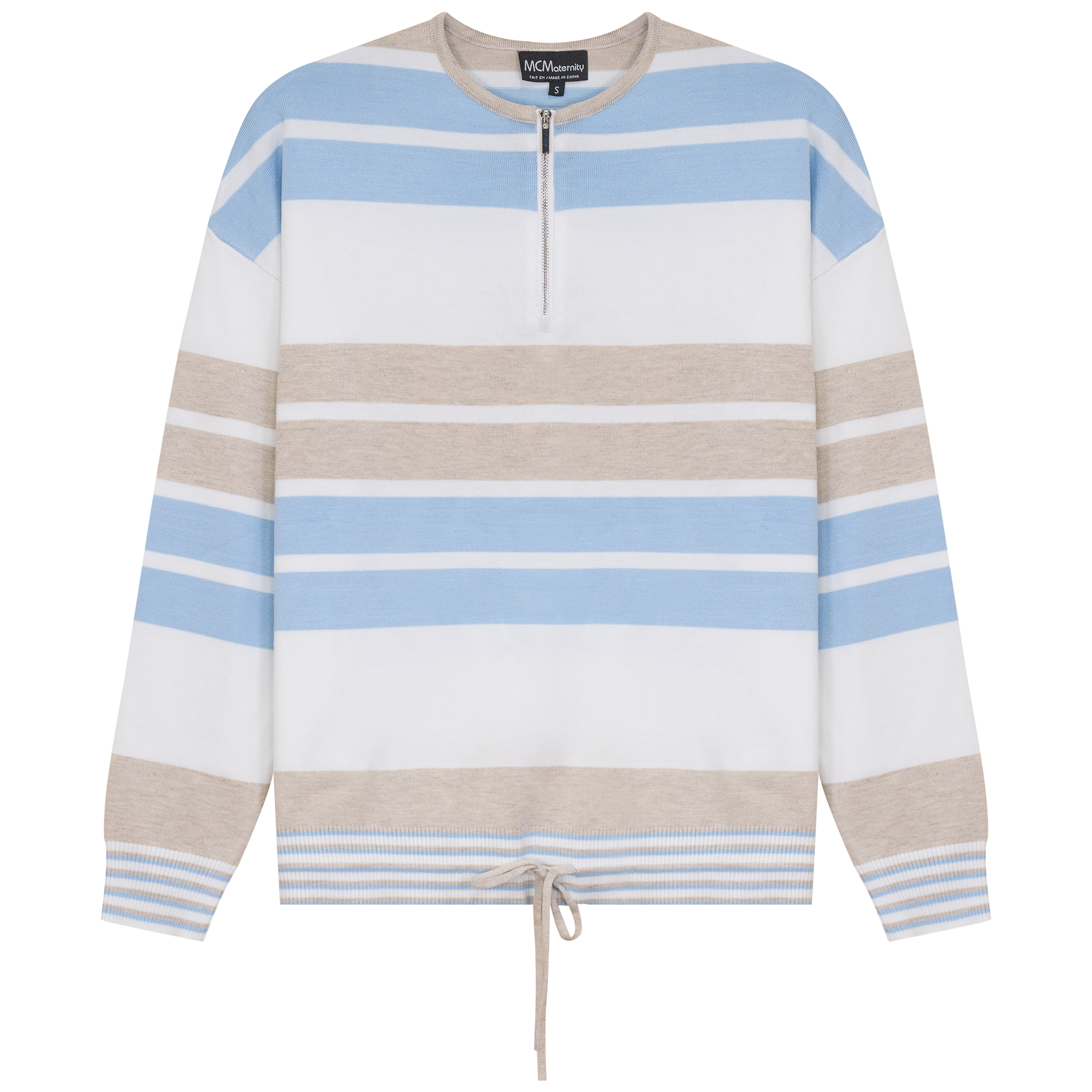 Maternity Henley Stripped Knit Bungee Sweater in White Light Stone Light Dusty Blue by MCM