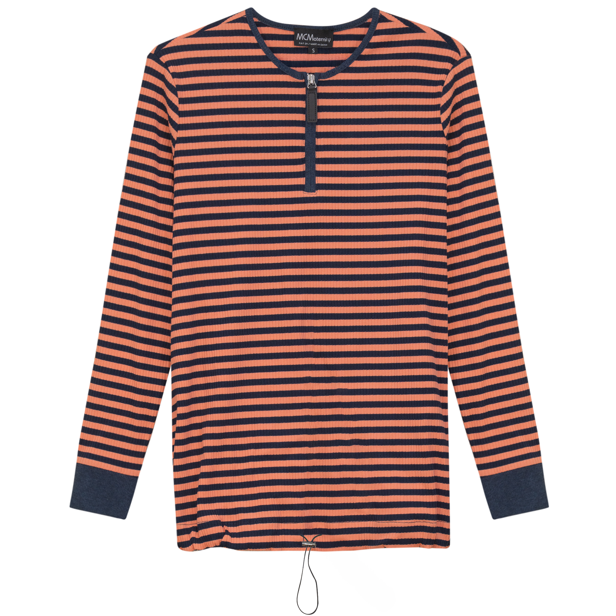 Maternity Stripped Henley Bungee Tee in Dark Denim Peach by MCM