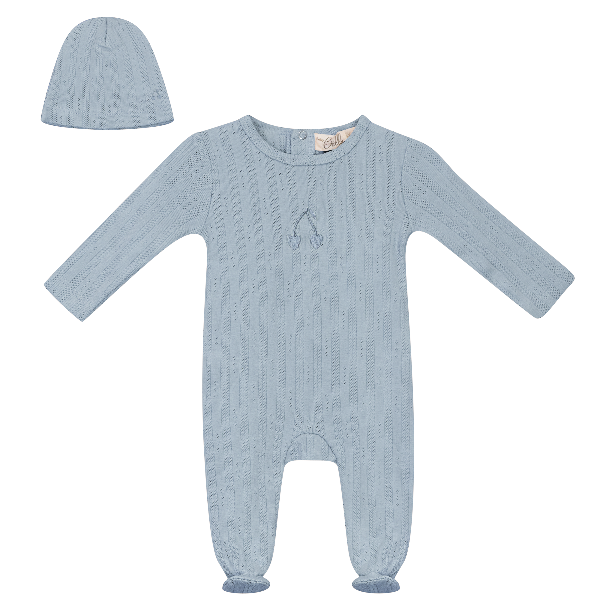 Embroidered Cherry Onesie with Hat in Blue Mist by Bebe Bella