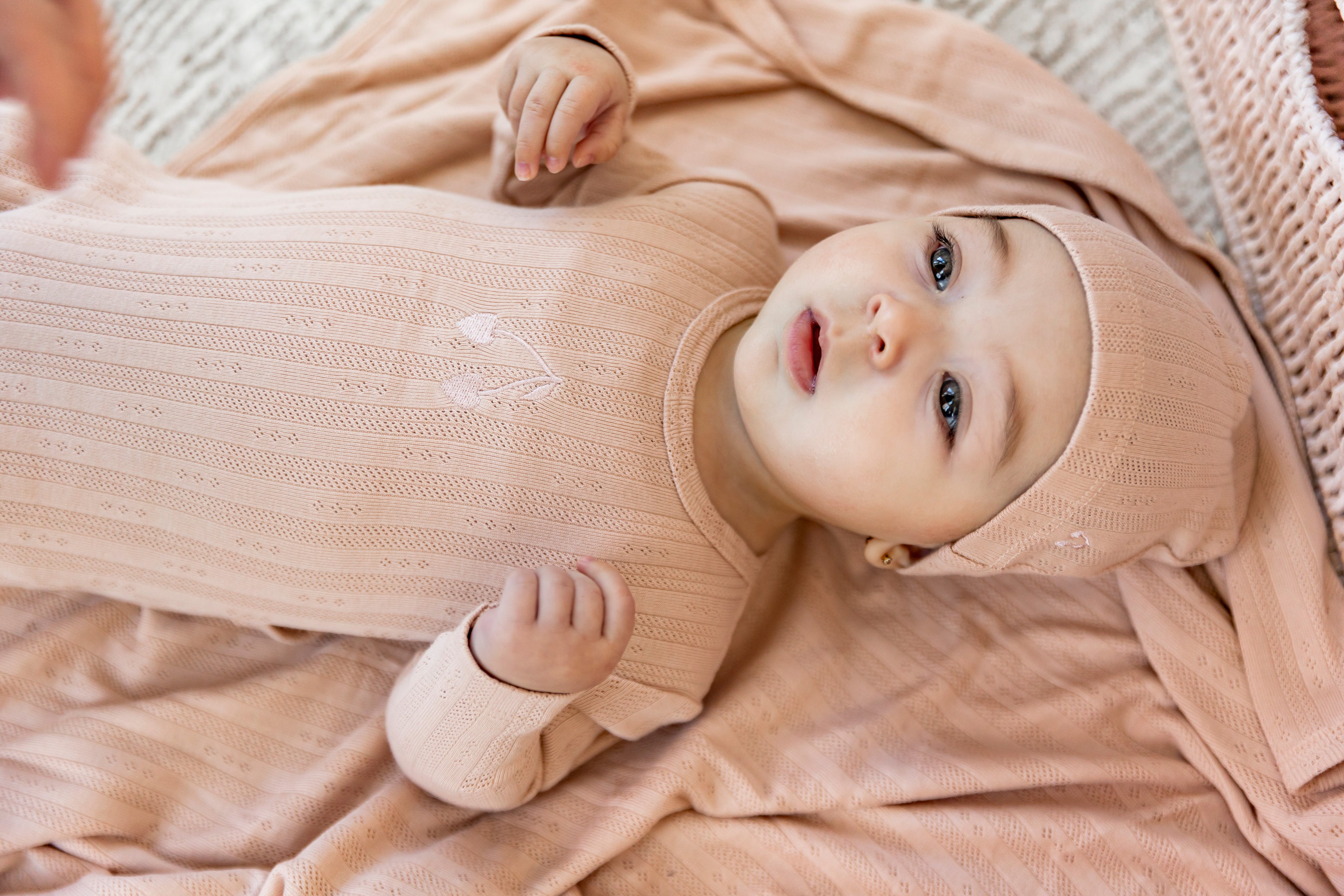 Embroidered Cherry Onesie with Hat in White by Bebe Bella