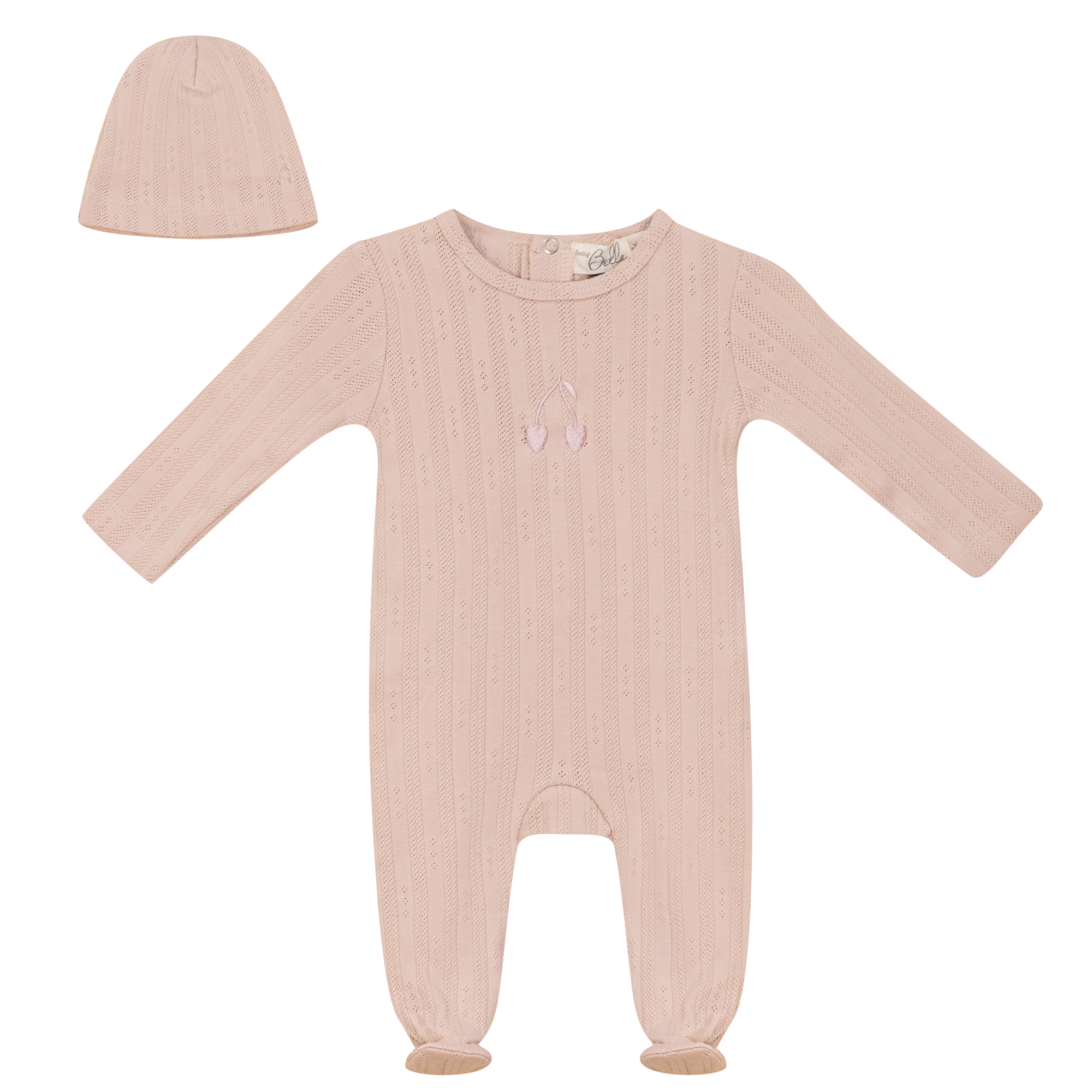 Embroidered Cherry Onesie with Hat in Soft Pink by Bebe Bella