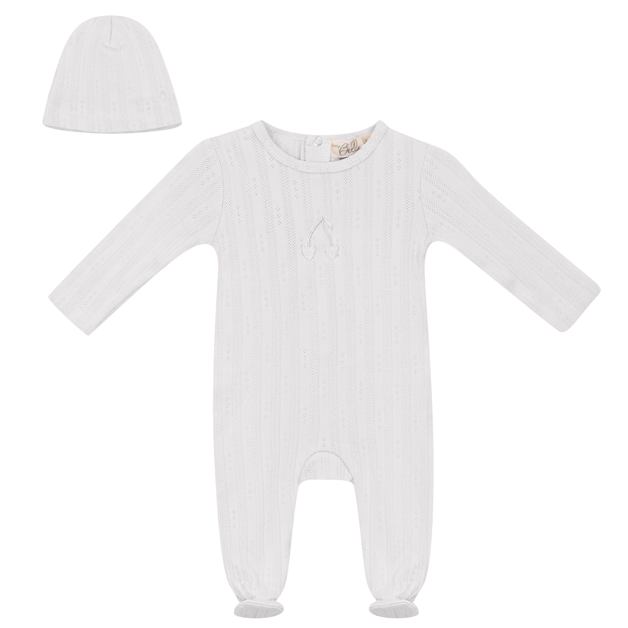 Embroidered Cherry Onesie with Hat in White by Bebe Bella