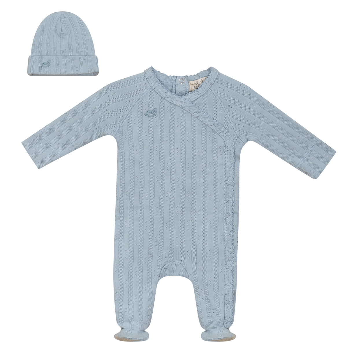 Pointelle Rib Wrap Onesie and Hat in Blue Mist by Bebe Bella