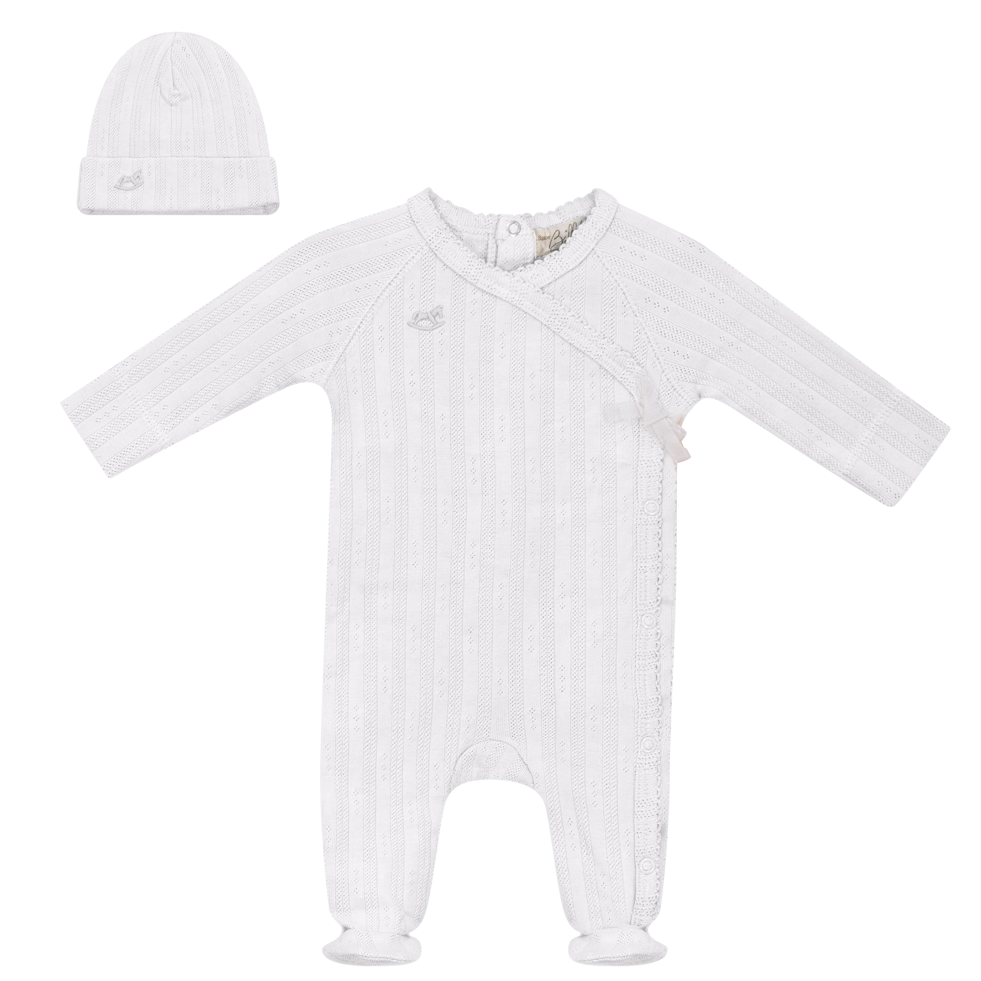 Pointelle Rib Wrap Onesie and Hat in White by Bebe Bella