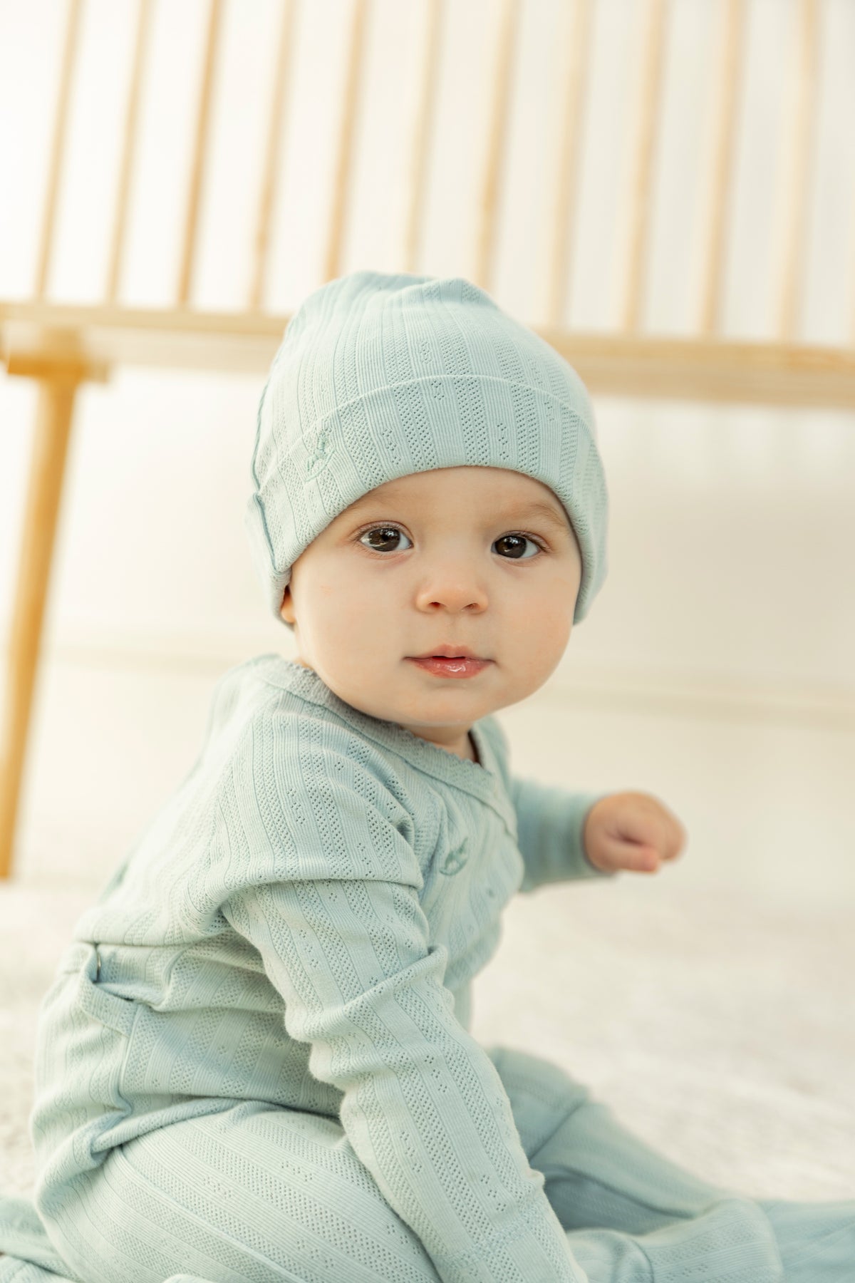 Pointelle Rib Wrap Onesie and Hat in White by Bebe Bella
