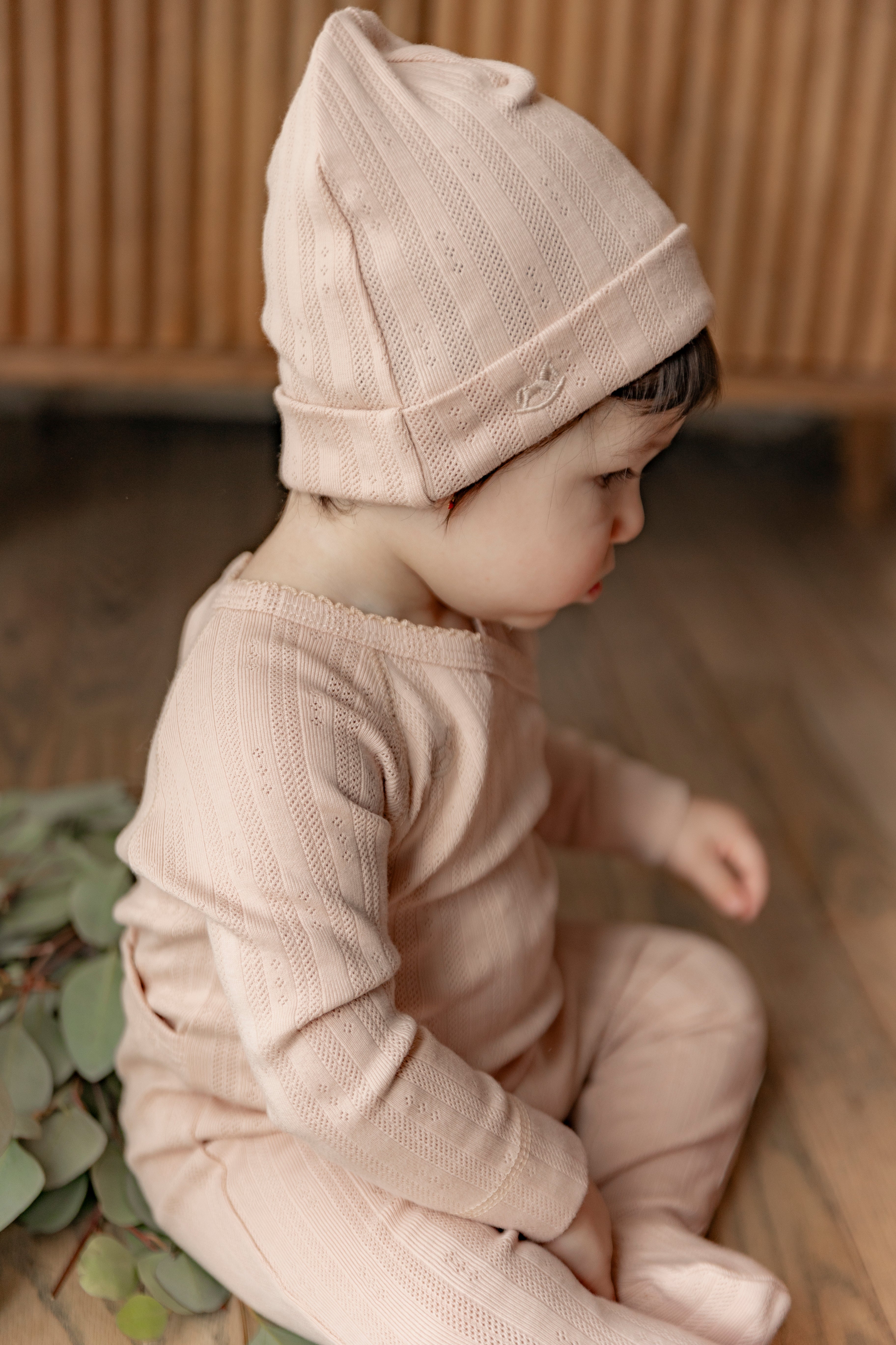 Pointelle Rib Wrap Onesie and Hat in White by Bebe Bella