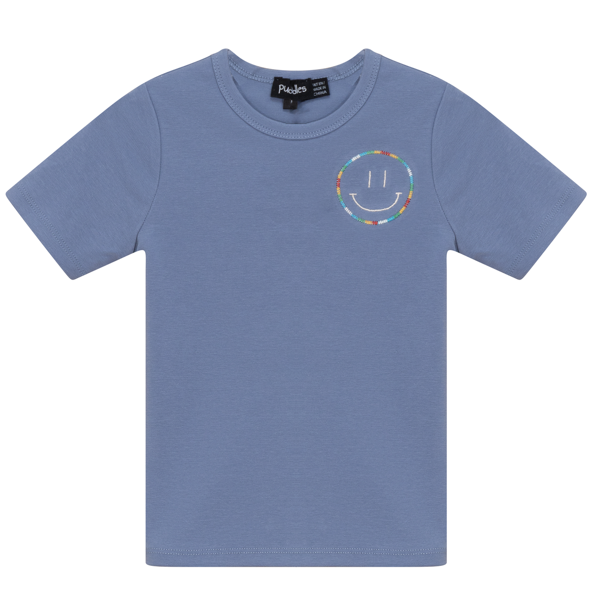 Smiley Embroidered T-Shirt in Denim by Puddles