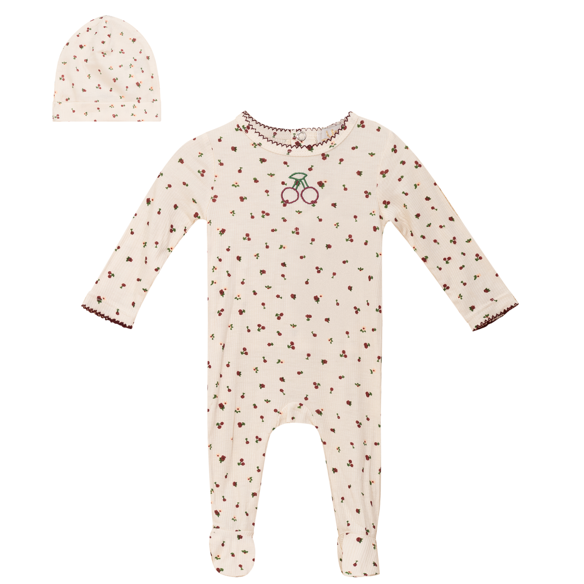 Cherry Print Onesie with Hat in Beige by Lux