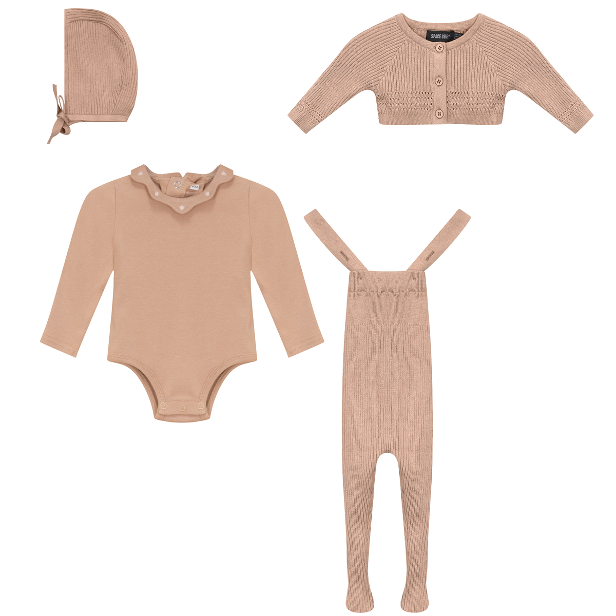 Knitted Overall and Cardigan Set in Maple Sugar by Space Grey