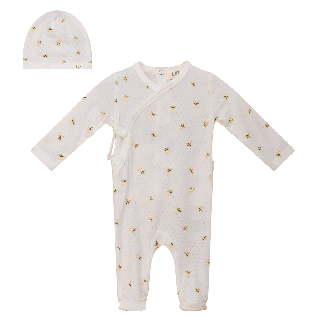 Floral Print Pointelle Onesie and Hat in Off White by Lux