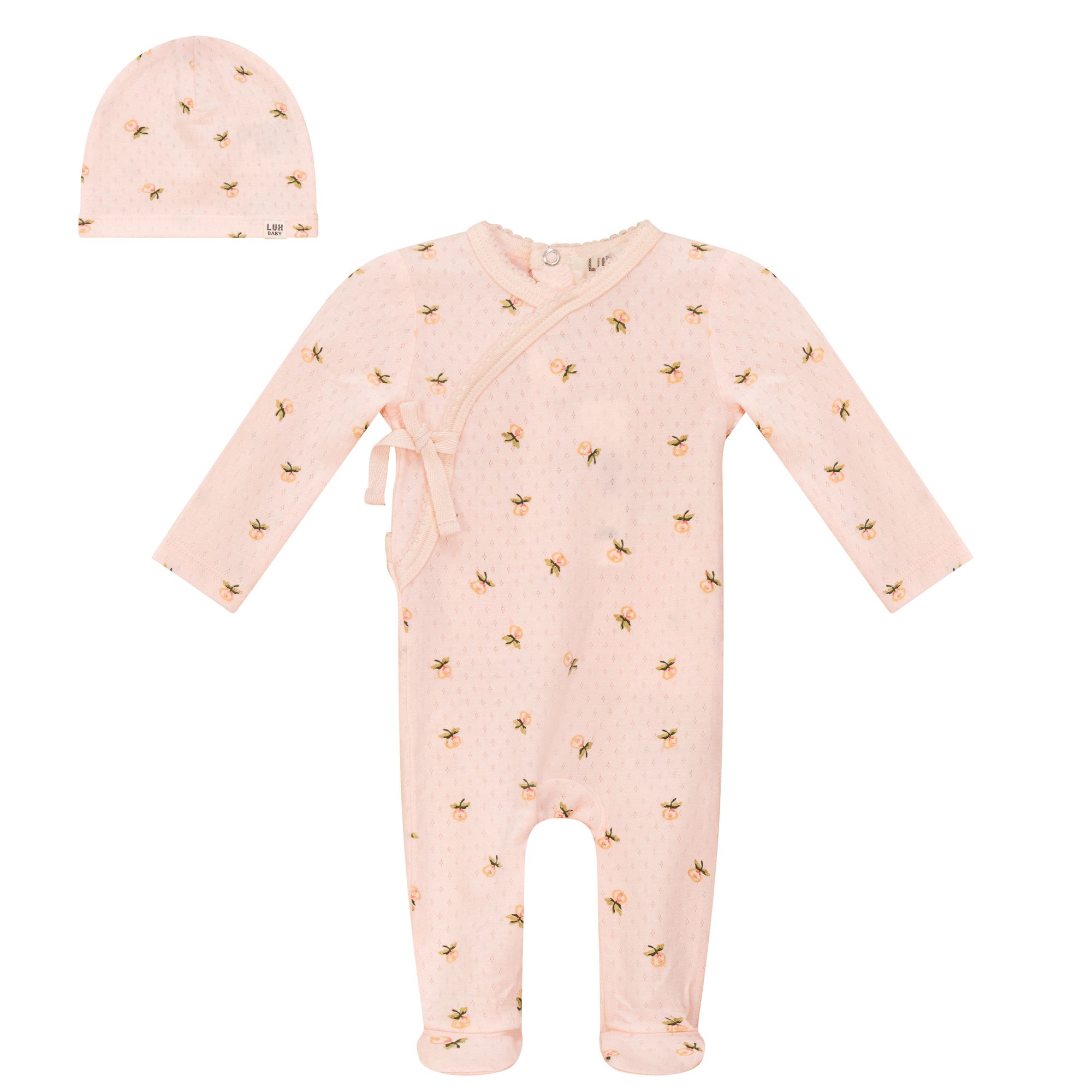 Floral Print Pointelle Onesie and Hat in Pink by Lux