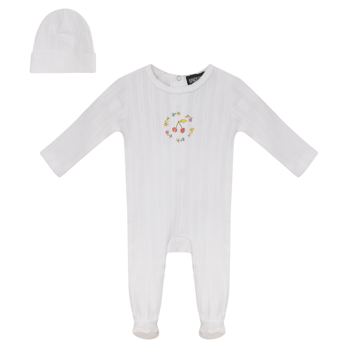 Pointelle Ribbed Onesie and Hat in White by Space Grey