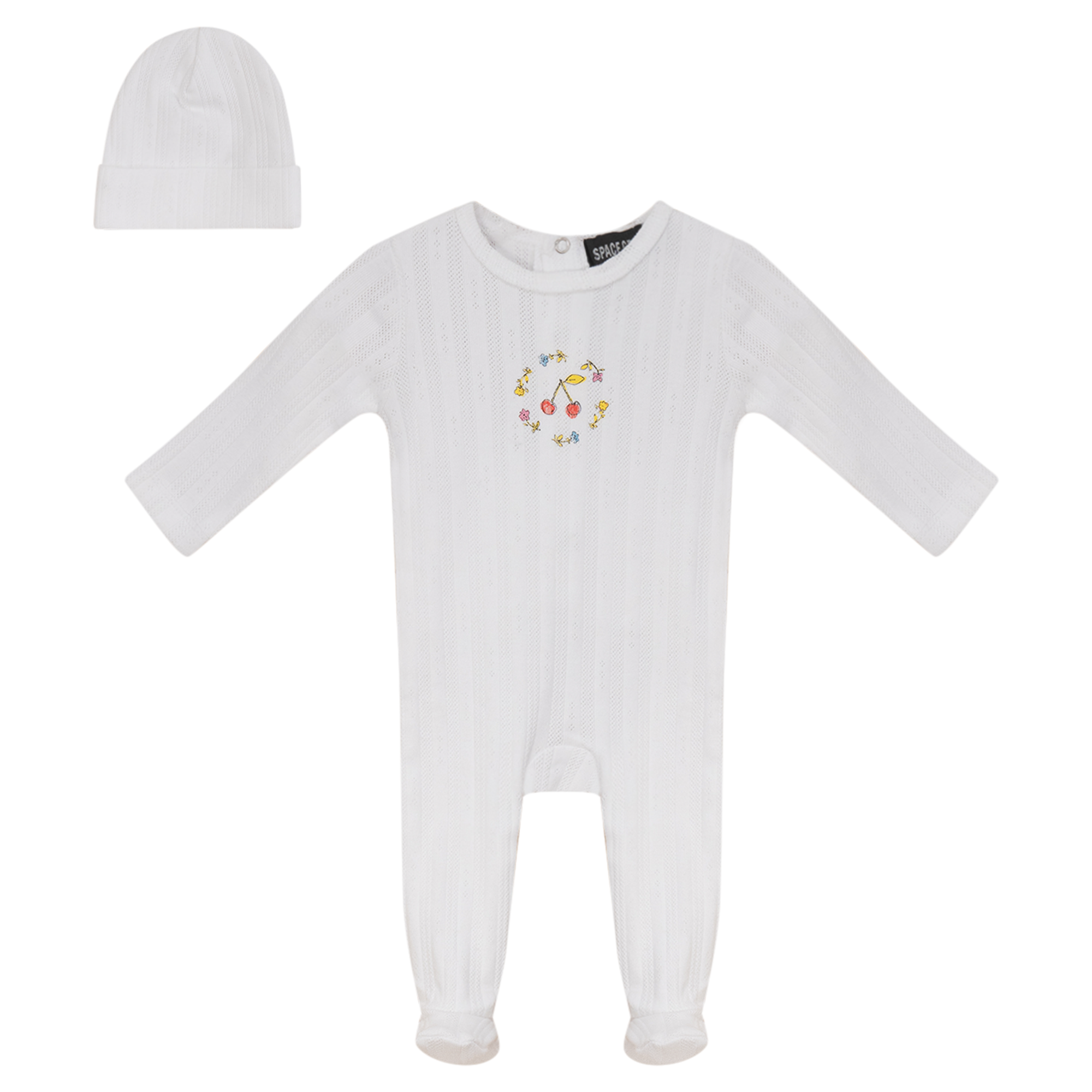 Pointelle Ribbed Onesie and Hat in White by Space Grey