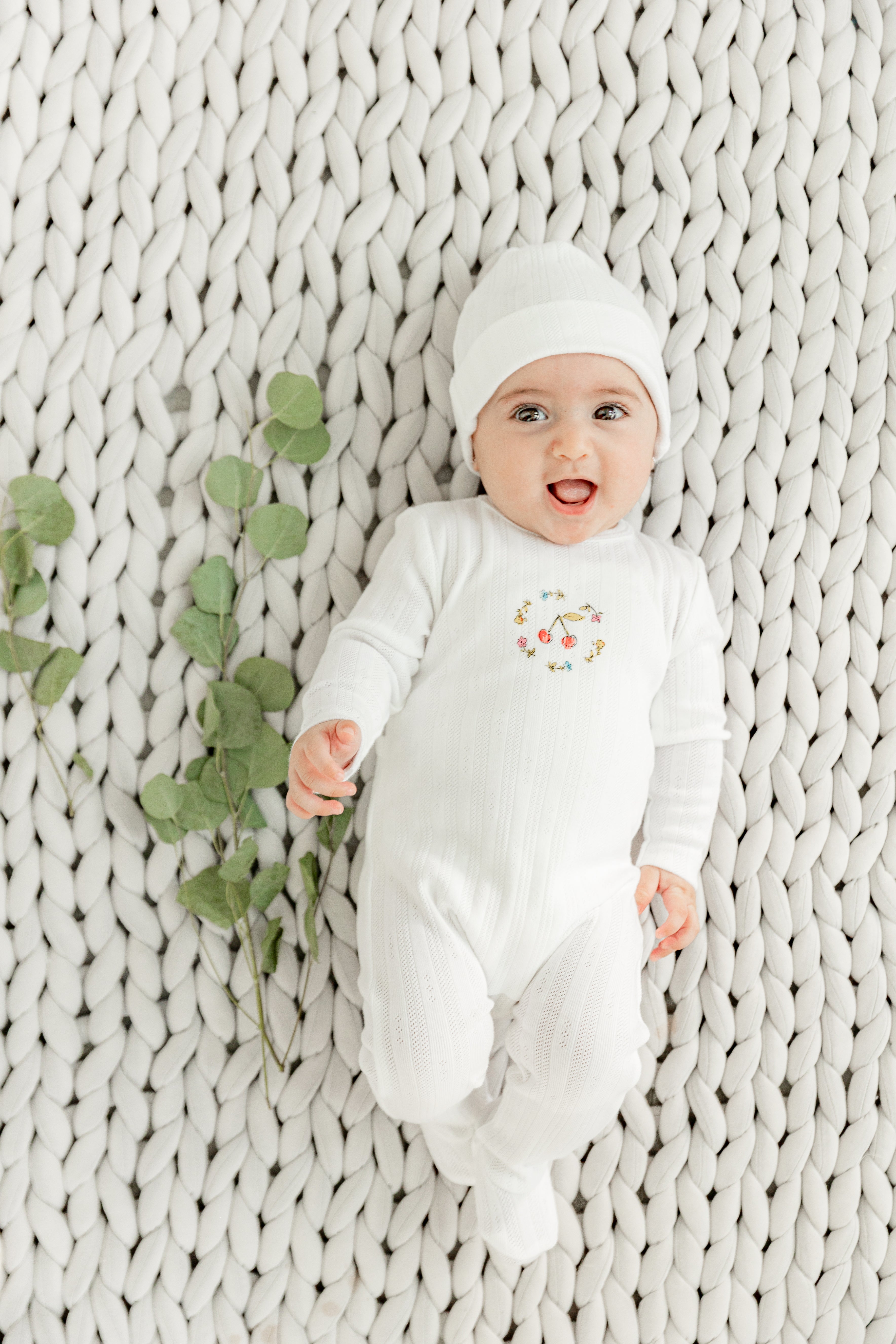 Pointelle Ribbed Onesie and Hat in by Space Grey