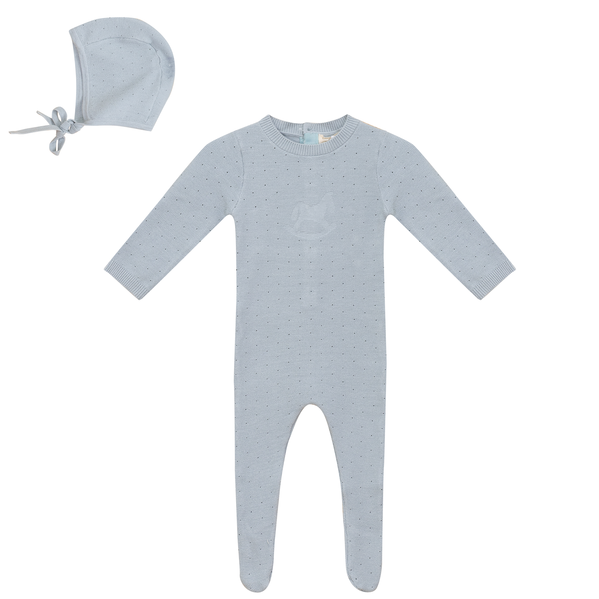Pony Bow Print Onesie and Hat in Blue Mist by Bebe Bella
