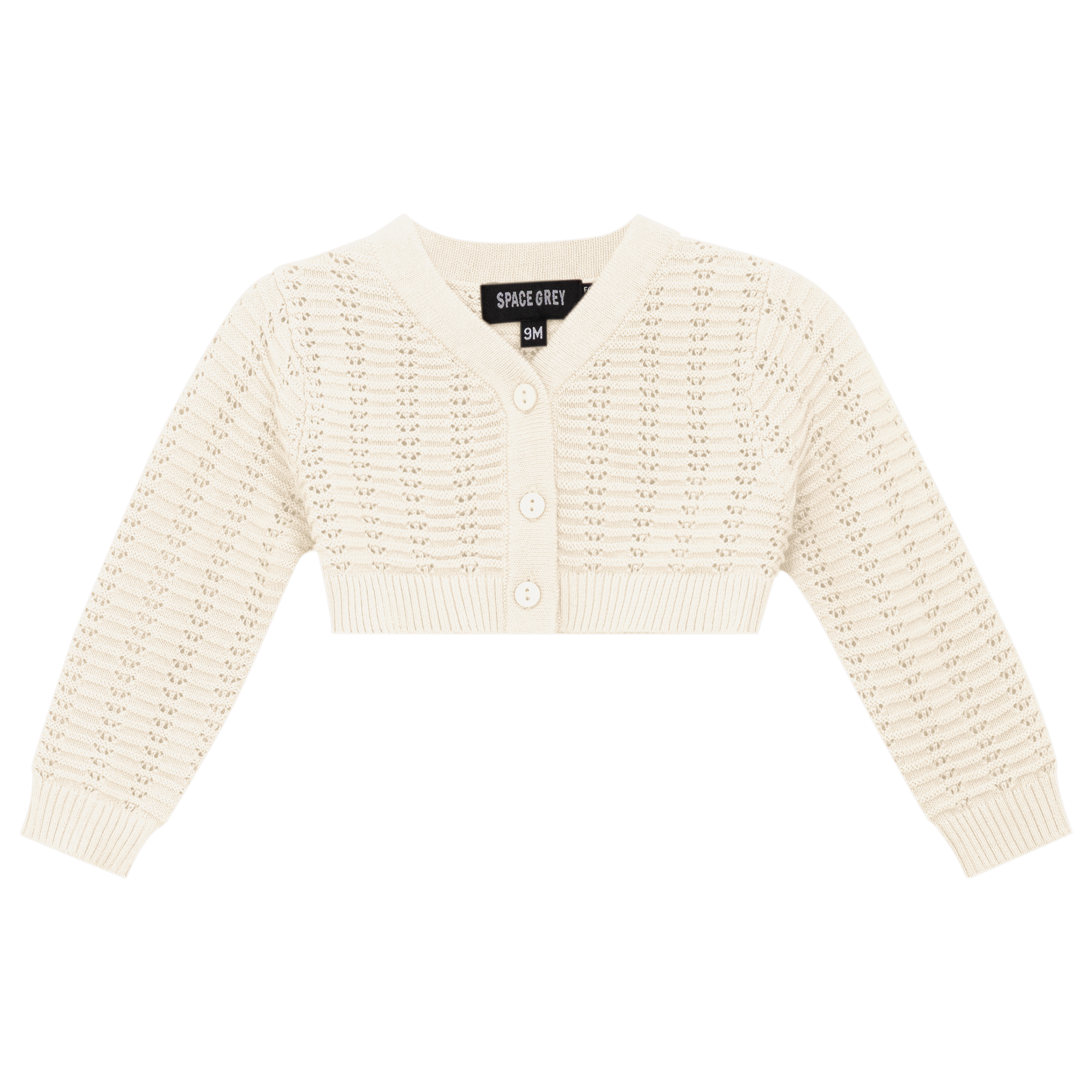 Pointelle Knit Cropped Cardigan in Off White by Space Grey