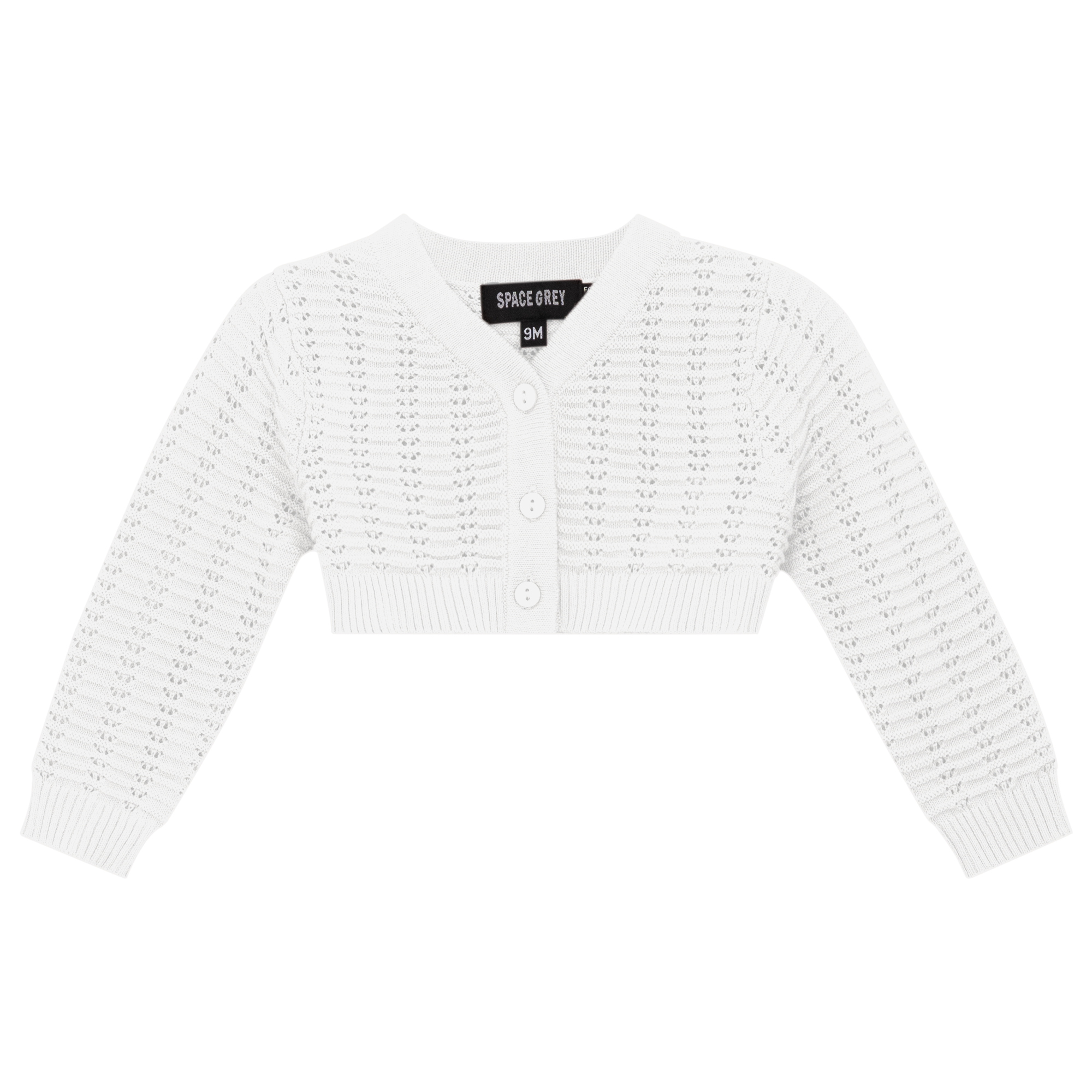 Pointelle Knit Cropped Cardigan in White by Space Grey