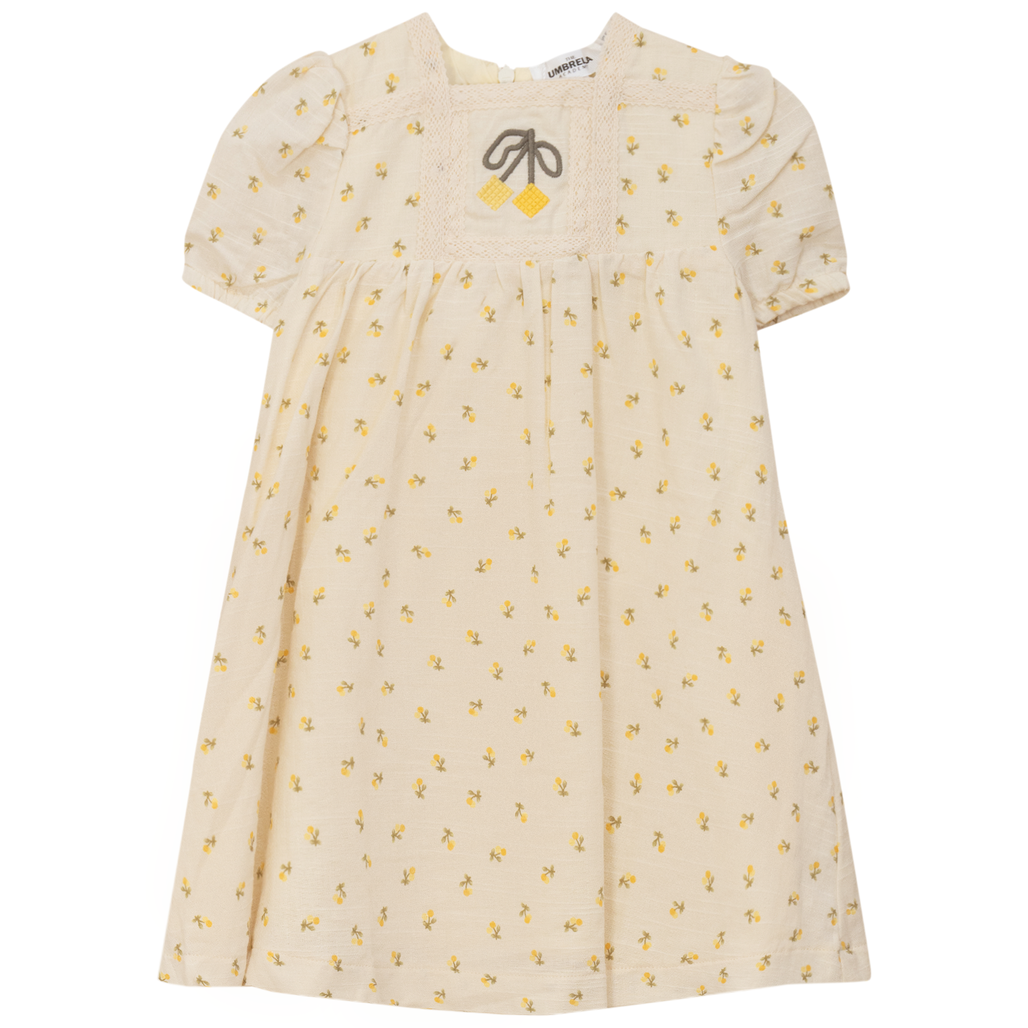Cherry Printed Linen Dress in Yellow by The Umbrella Academy