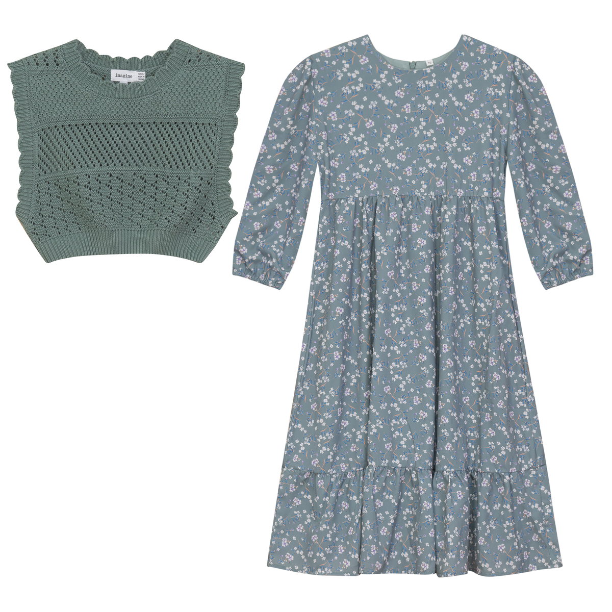Woven Floral Dress with Vest in Sage by Imagine