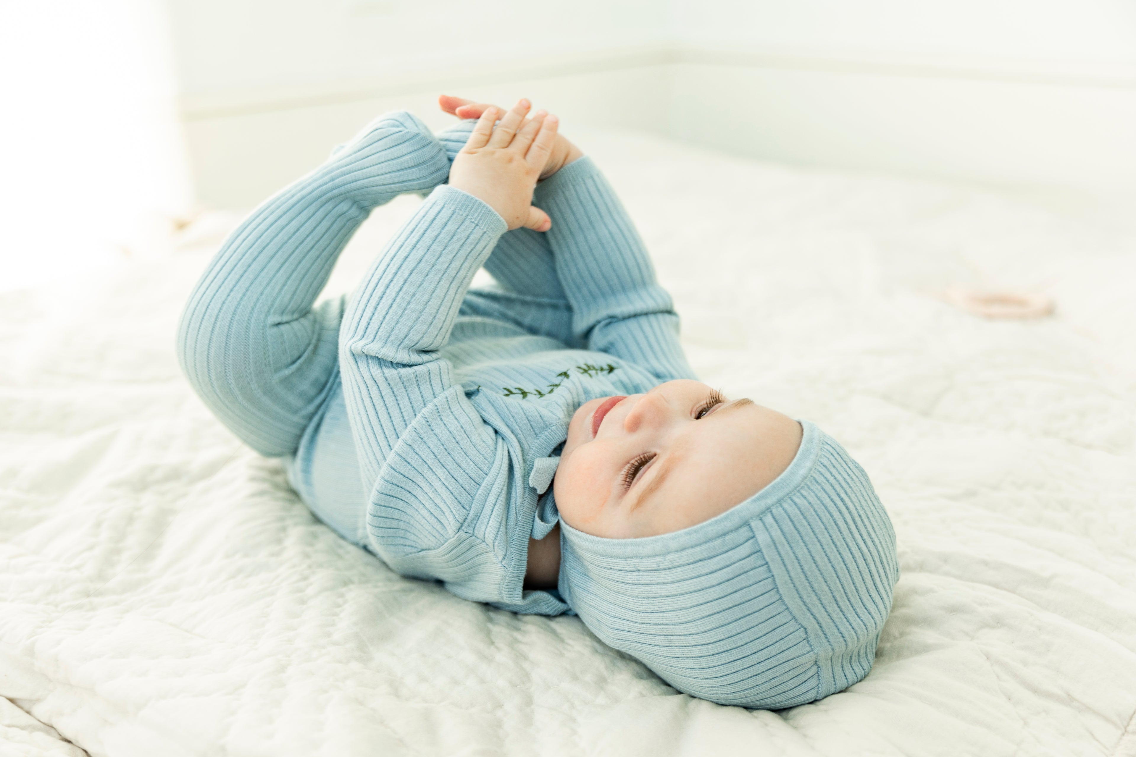 Rib Knit Stretchie and Bonnet in by Apricot