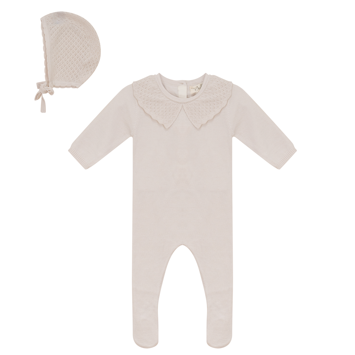 Knit Crochet Onesie and Hat in Light Beige by Bebe Bella