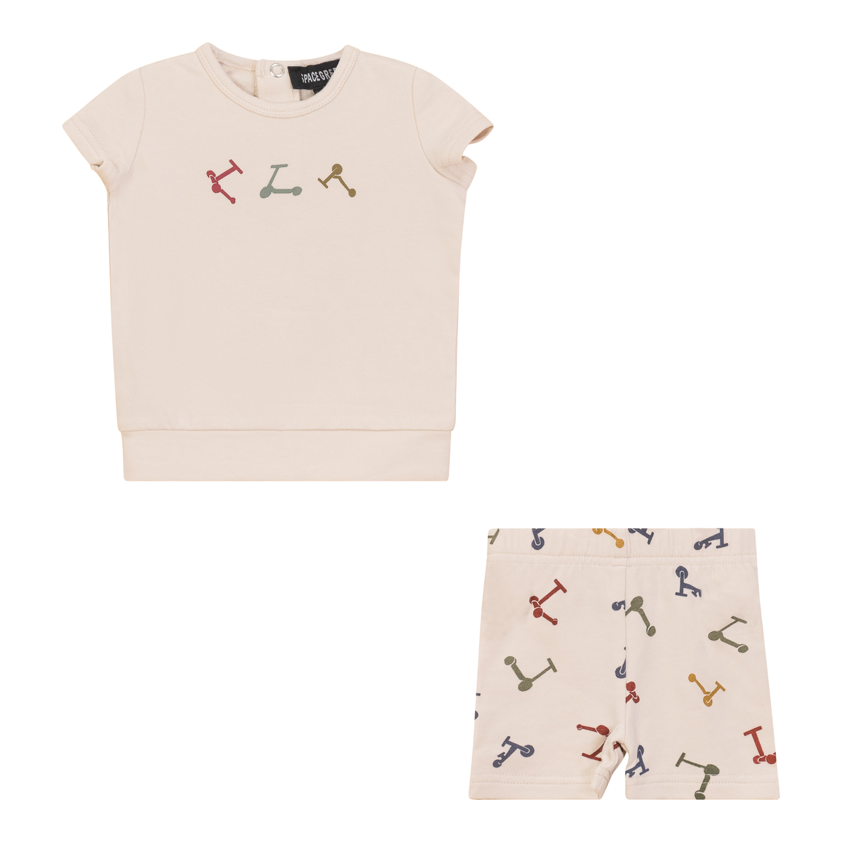Scooter and Tulip Printed Shorts Set in Dark Almond by Space Grey