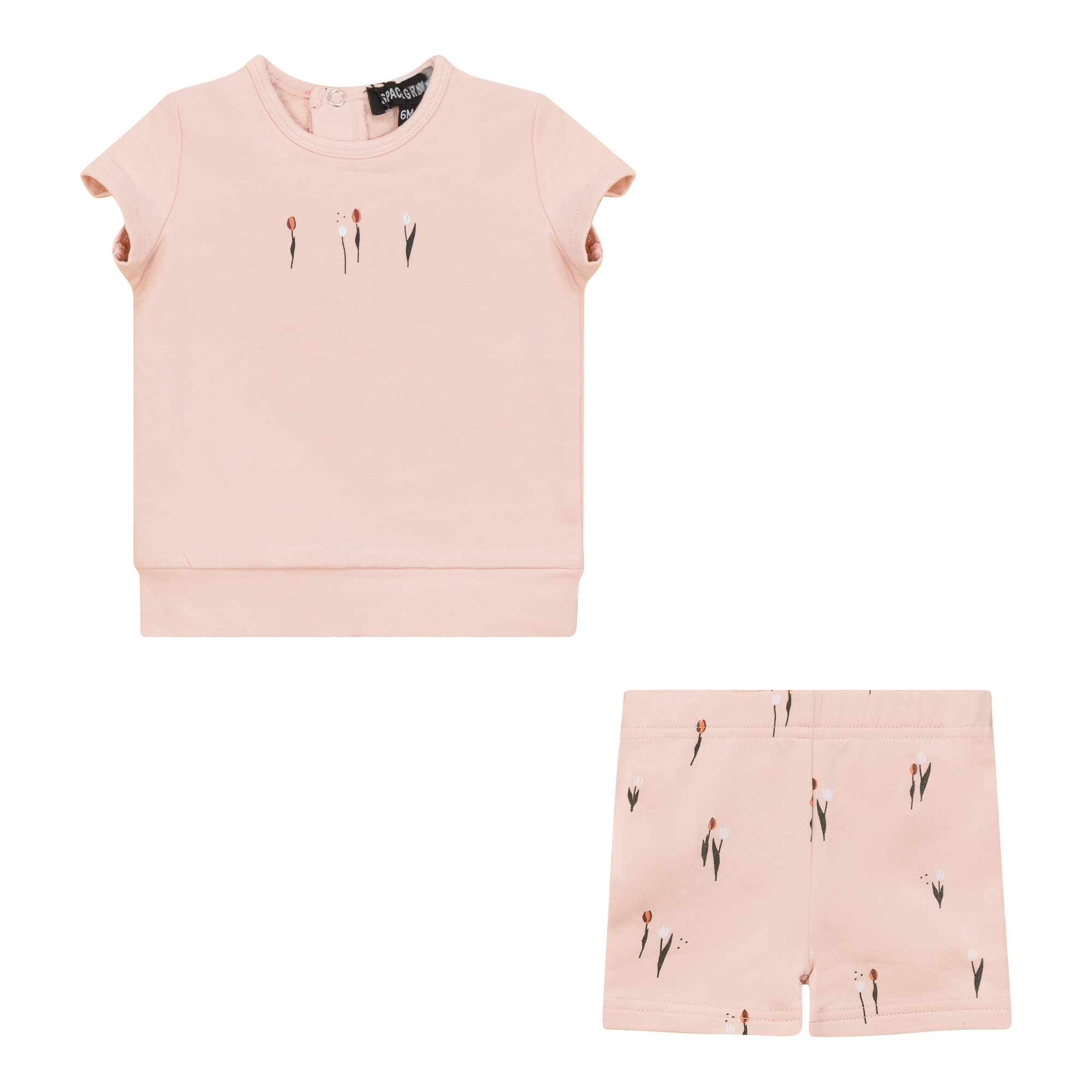 Scooter and Tulip Printed Shorts Set in Soft Pink by Space Grey