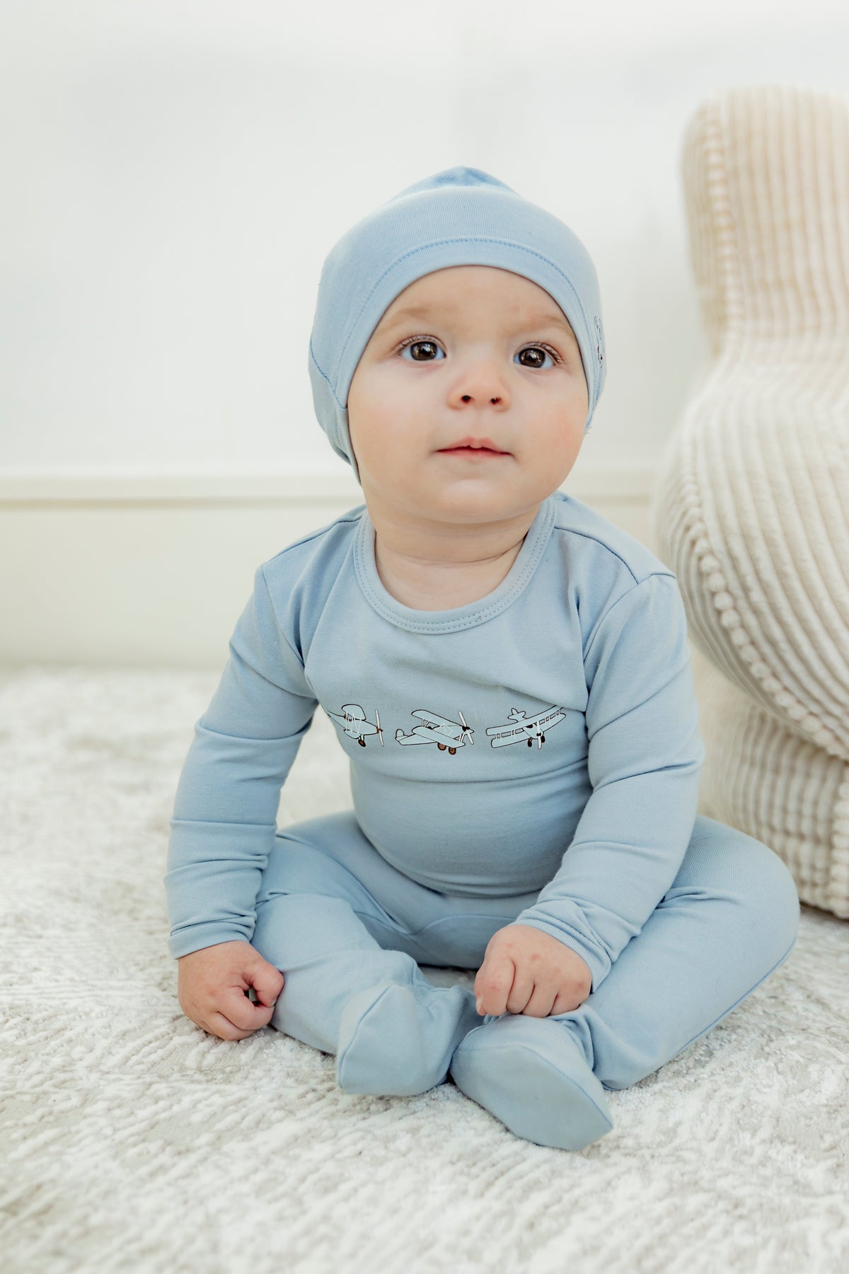 Balerina Plane Print Onesie with Hat in Beige by Lux